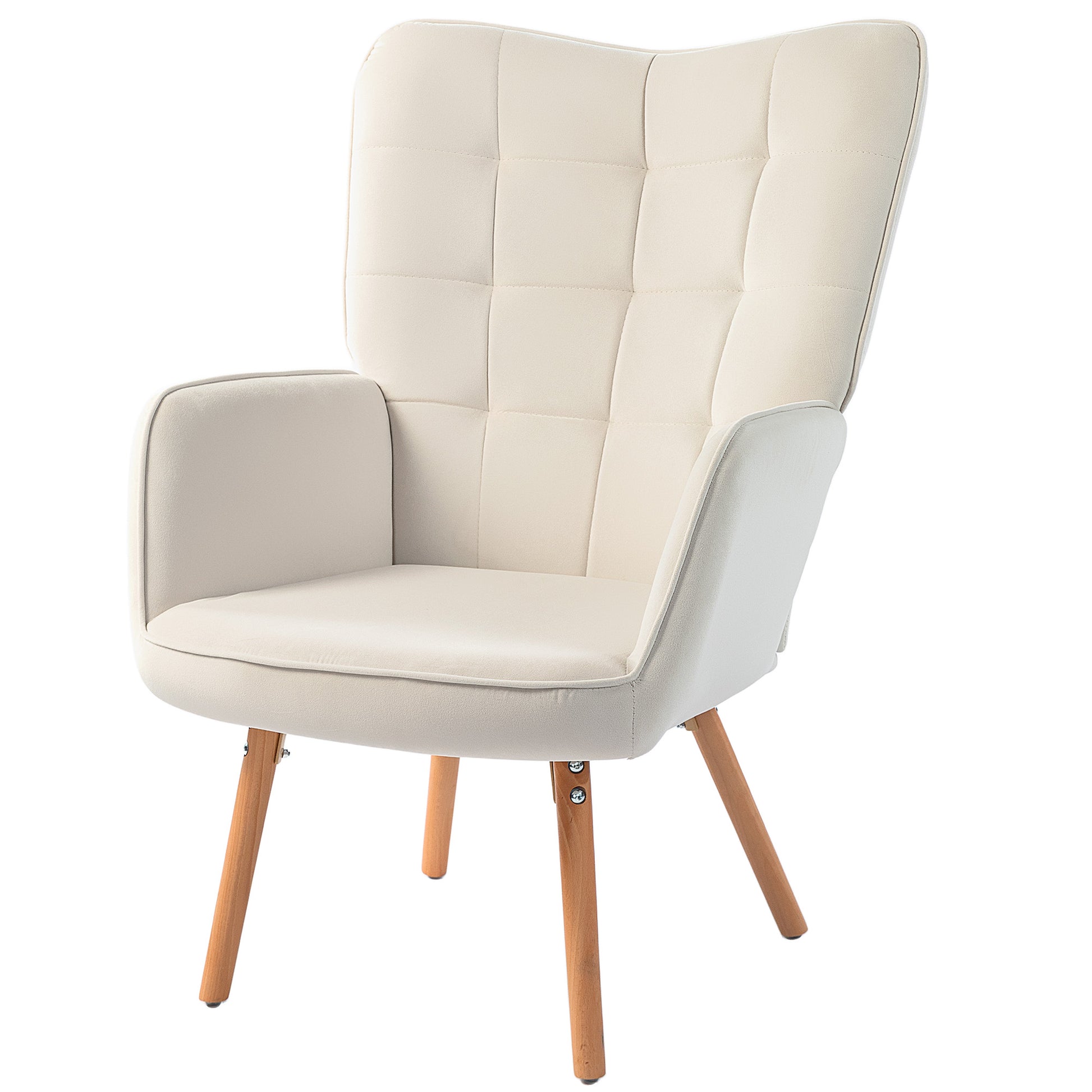 HOMCOM Modern Accent Chair Velvet-Touch Tufted Wingback Armchair Upholstered Leisure Lounge Sofa Club Chair with Wood Legs, Cream White-7