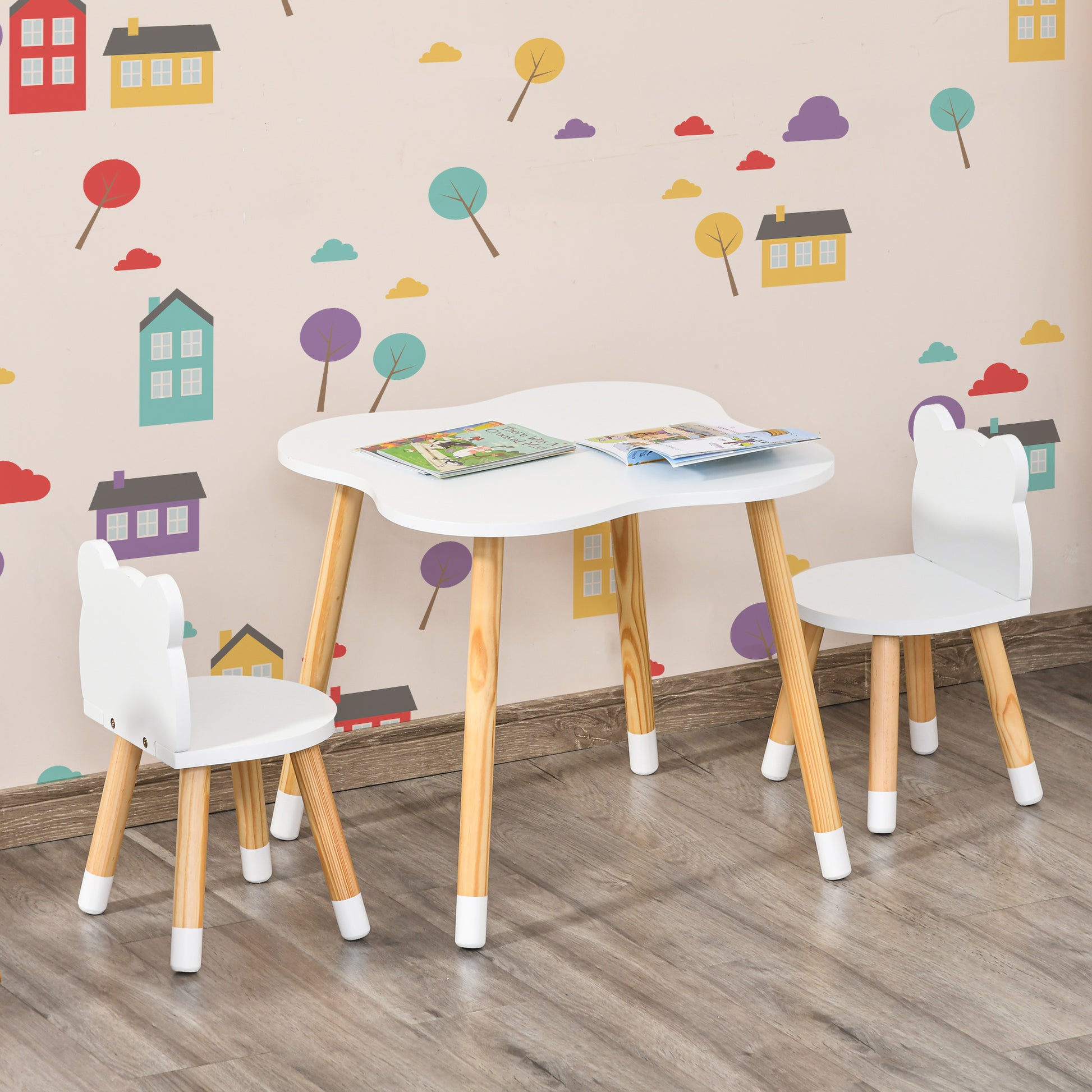 HOMCOM 3 Piece Kids Table and Chair Set with 2 Bear-shaped Chairs in White-6