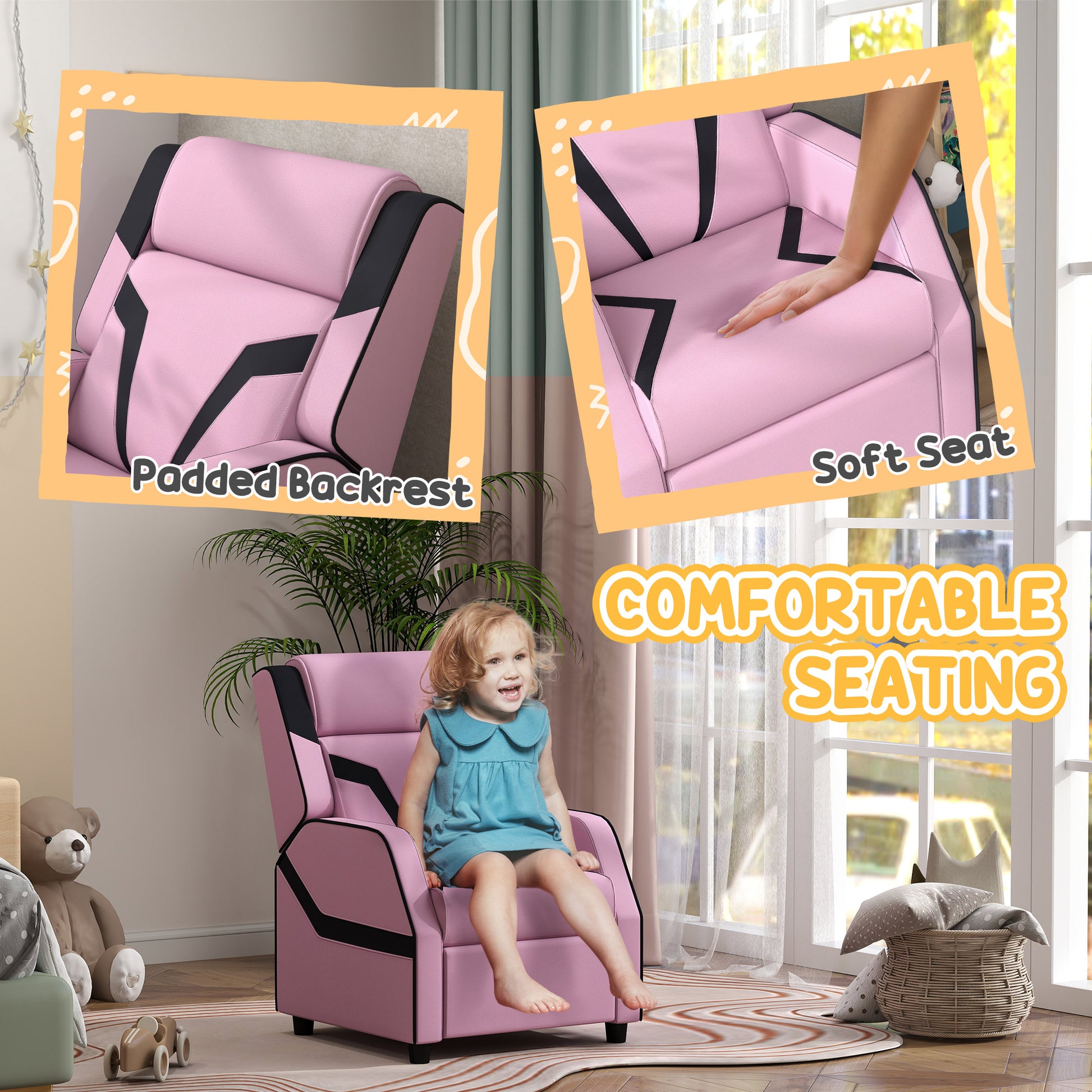 Pink Kids Reclining Chair with Backrest, Armrest, Footrest, PU Leather, for 3-9 Years Old by AIYAPLAY-3