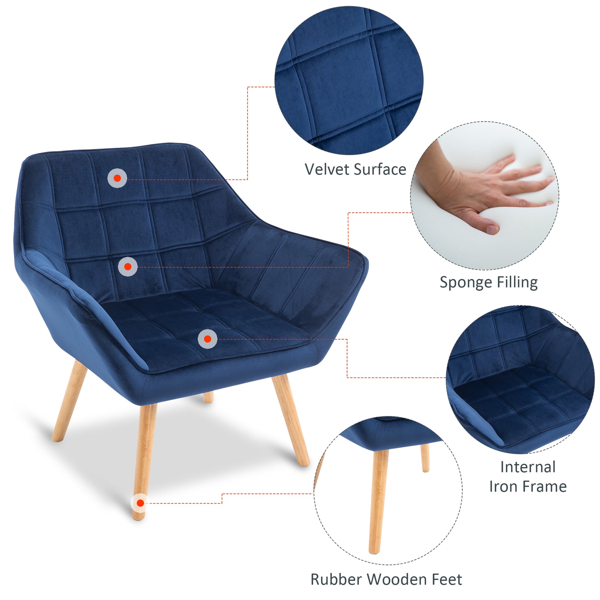 Home Accent Armchair Wide Arms Slanted Back Padding Iron Frame Wooden Legs in Blue | HOMCOM-2