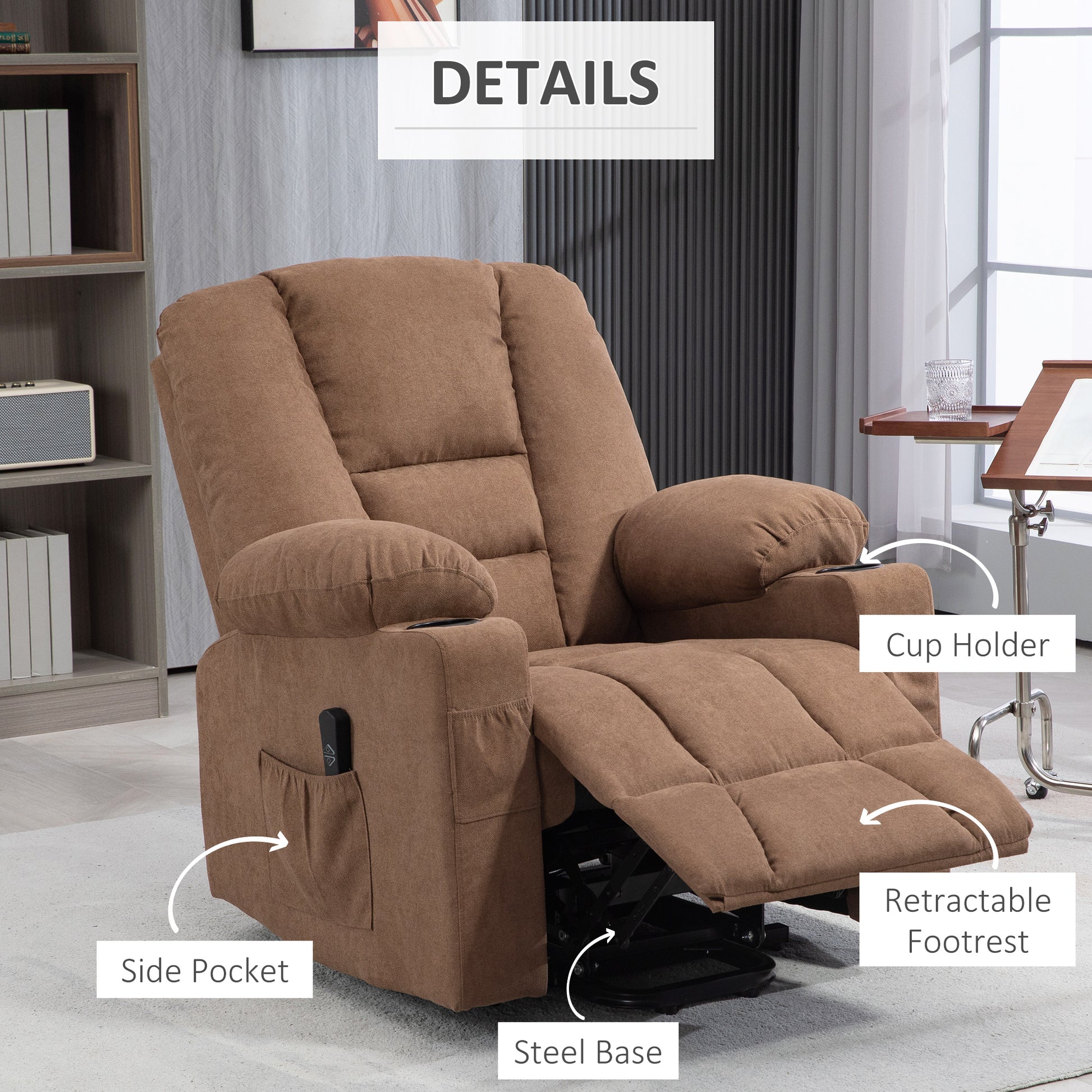 Oversized Riser and Recliner Chairs for the Elderly, Fabric Upholstered Lift Chair with Remote Control, Side Pockets, Cup | HOMCOM-4