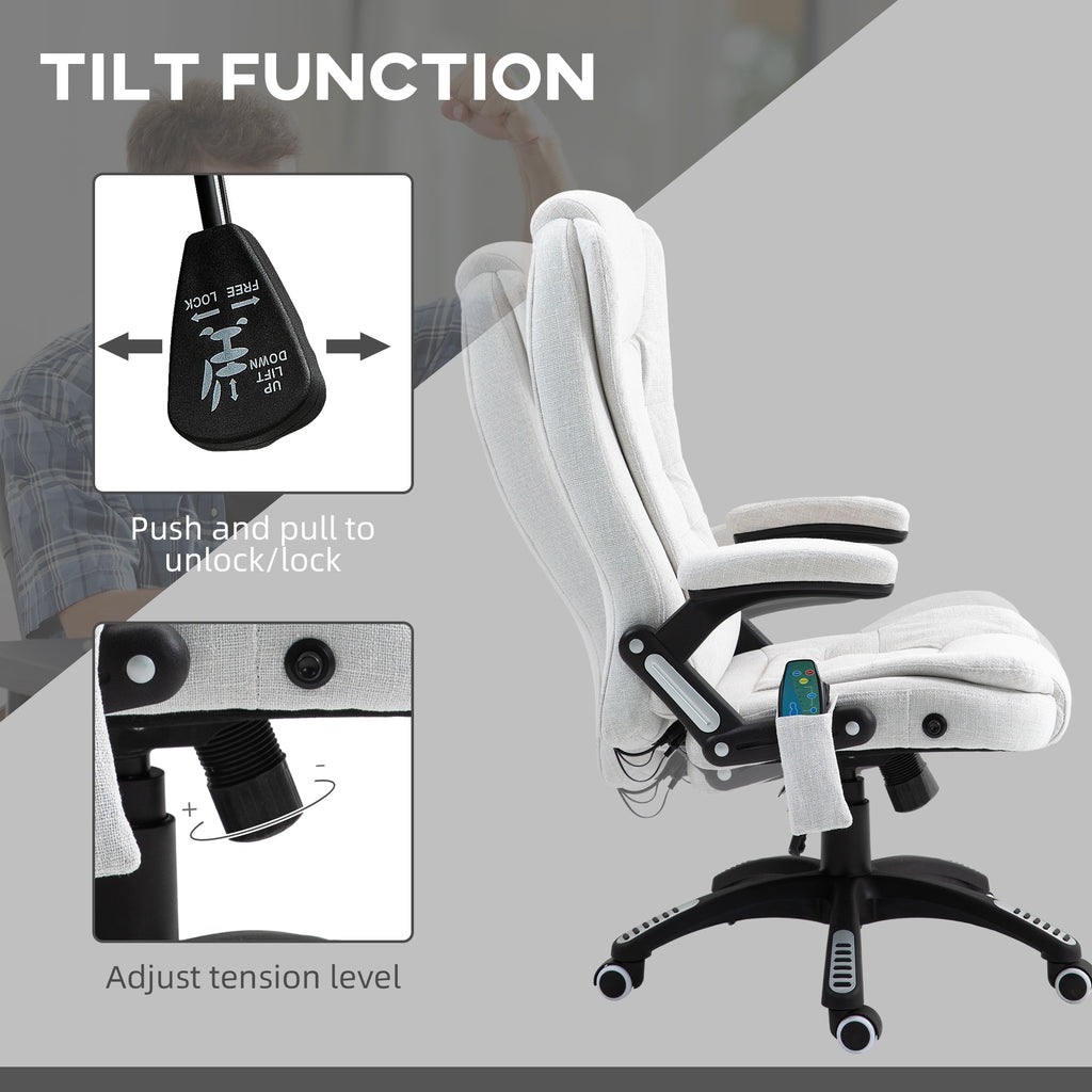 Vinsetto Massage Office Chair with 6 Heated Vibration Points, Executive Office Chair with Linen-Feel Fabric 360°, Swivel Wheels in Cream White-4