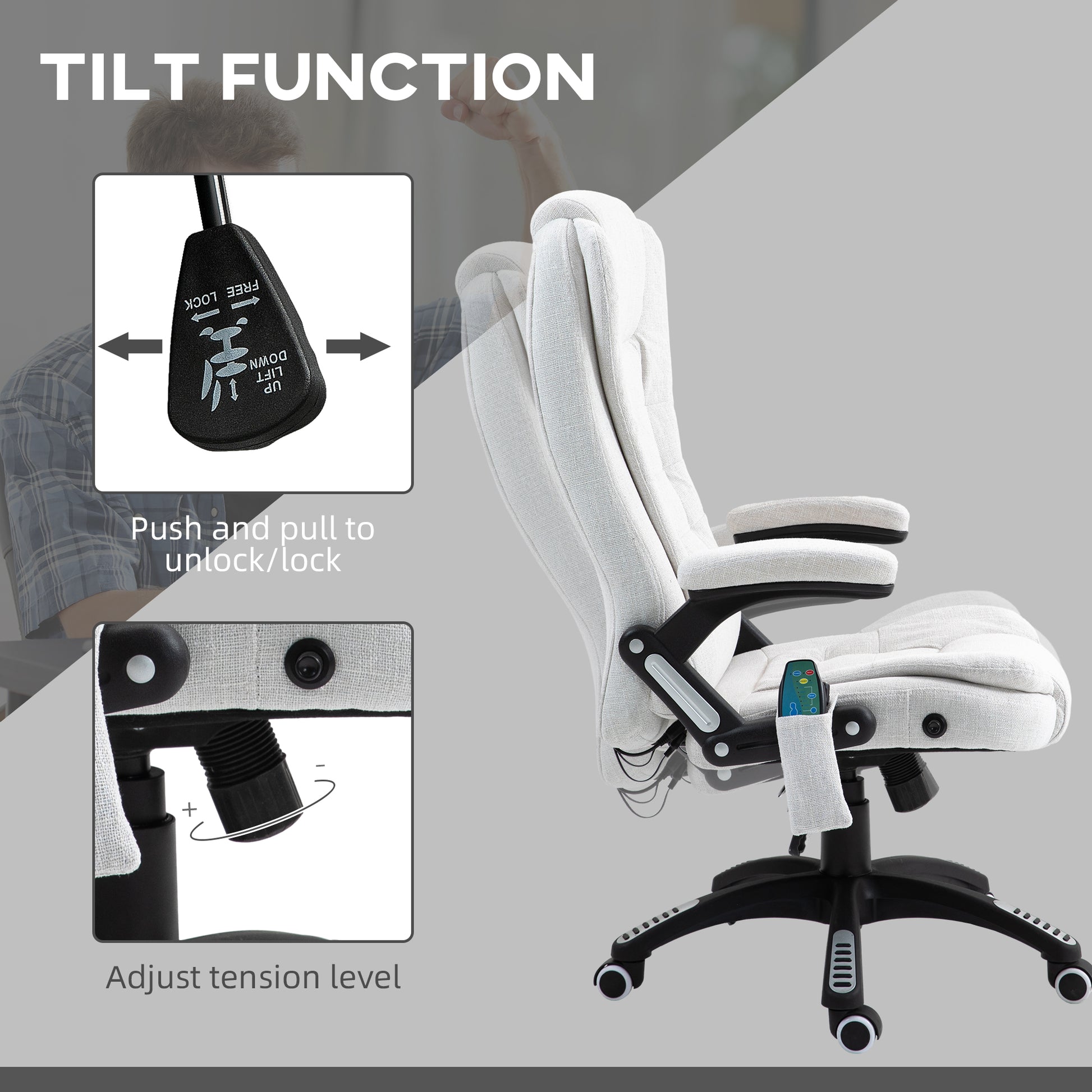 Vinsetto Massage Office Chair with 6 Heated Vibration Points, Executive Office Chair with Linen-Feel Fabric 360°, Swivel Wheels in Cream White-4