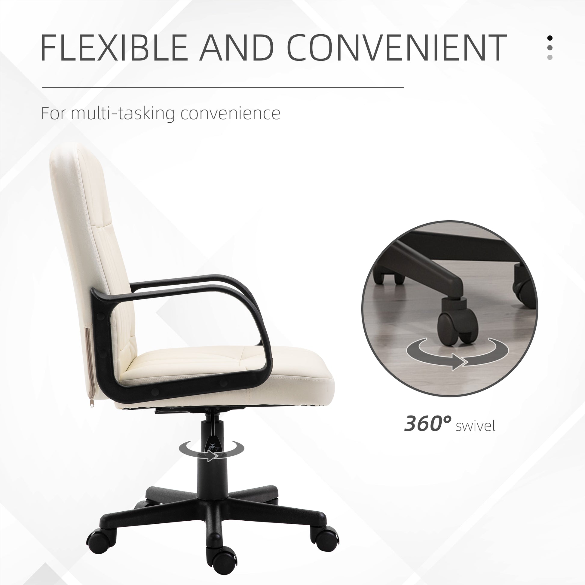 Cream Swivel Executive Office Chair Mid Back PU Leather Home Computer Desk Chair for Adults with Arm, Wheels | HOMCOM-3