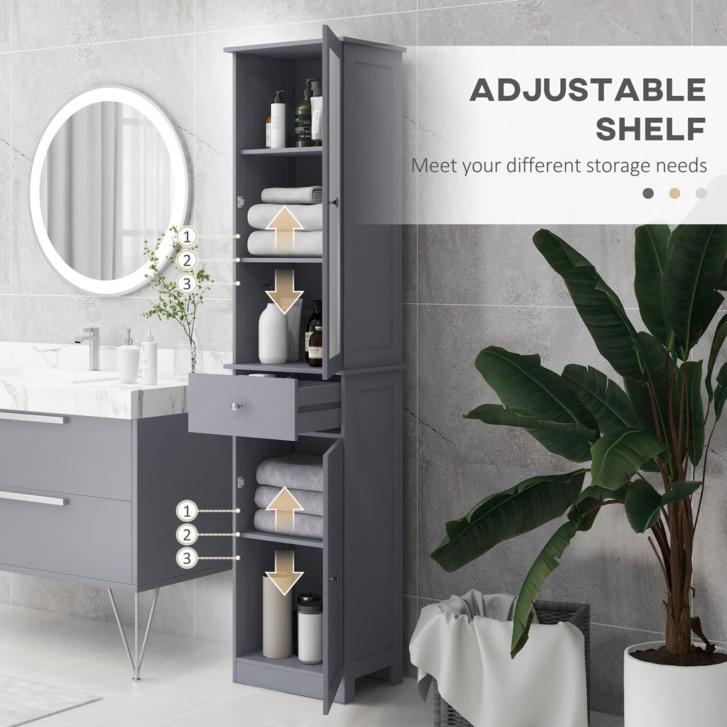 kleankin Bathroom Storage Cabinet with 3-tier Shelf Drawer Door, Floor Cabinet Free Standing Tall Slim Side Organizer Shelves in Grey