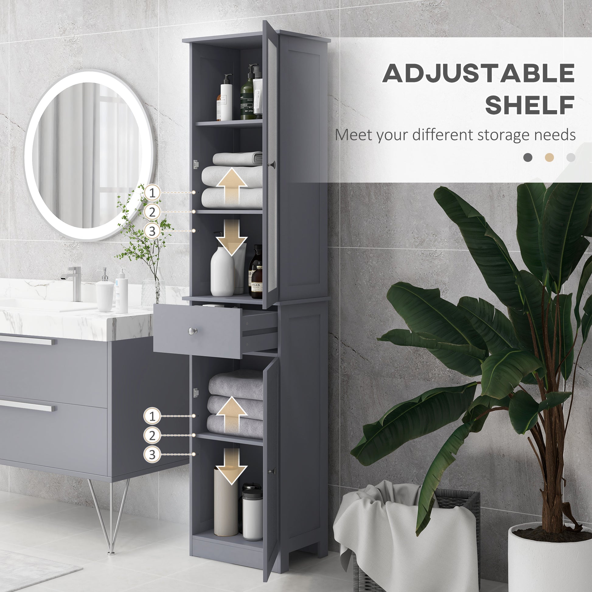kleankin Bathroom Storage Cabinet with 3-tier Shelf Drawer Door, Floor Cabinet Free Standing Tall Slim Side Organizer Shelves in Grey