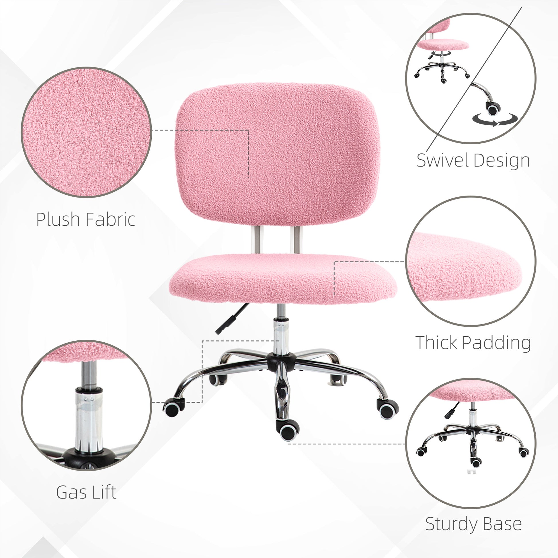 Vinsetto Cute Armless Office Chair Vanity Task Chair with Adjustable Height, Swivel Wheels, Mid Back, Pink-3