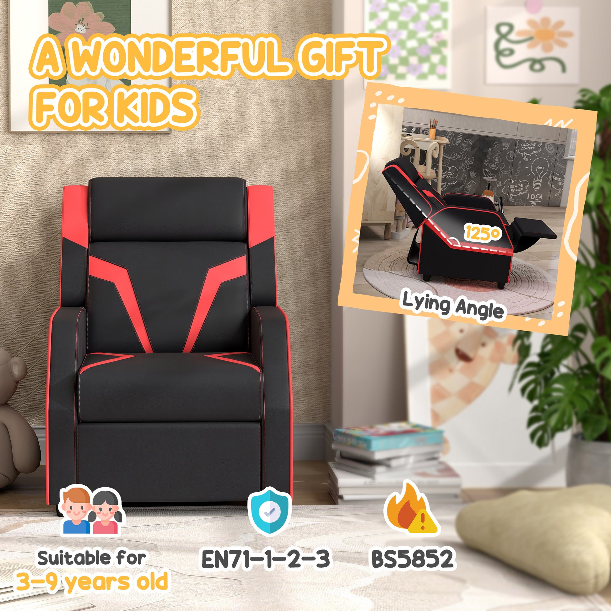 2 in 1 Black Kids Chair Recliner with Backrest, Armrest, Footrest, PU Leather for 3-9 Years Old by AIYAPLAY-6