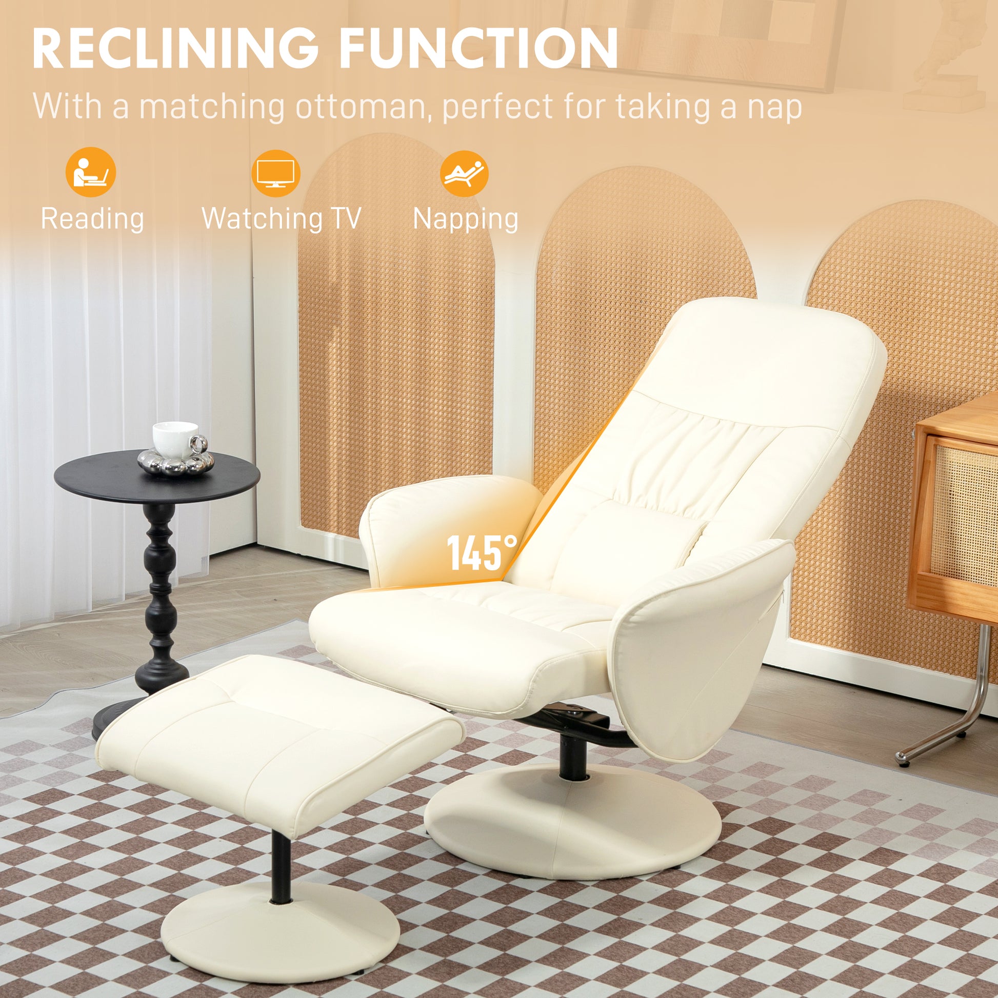 Swivel Recliner Chair with Footstool, PU Leather Armchair and Ottoman with High Back and Round Base for Living Room, Cream White | HOMCOM-2