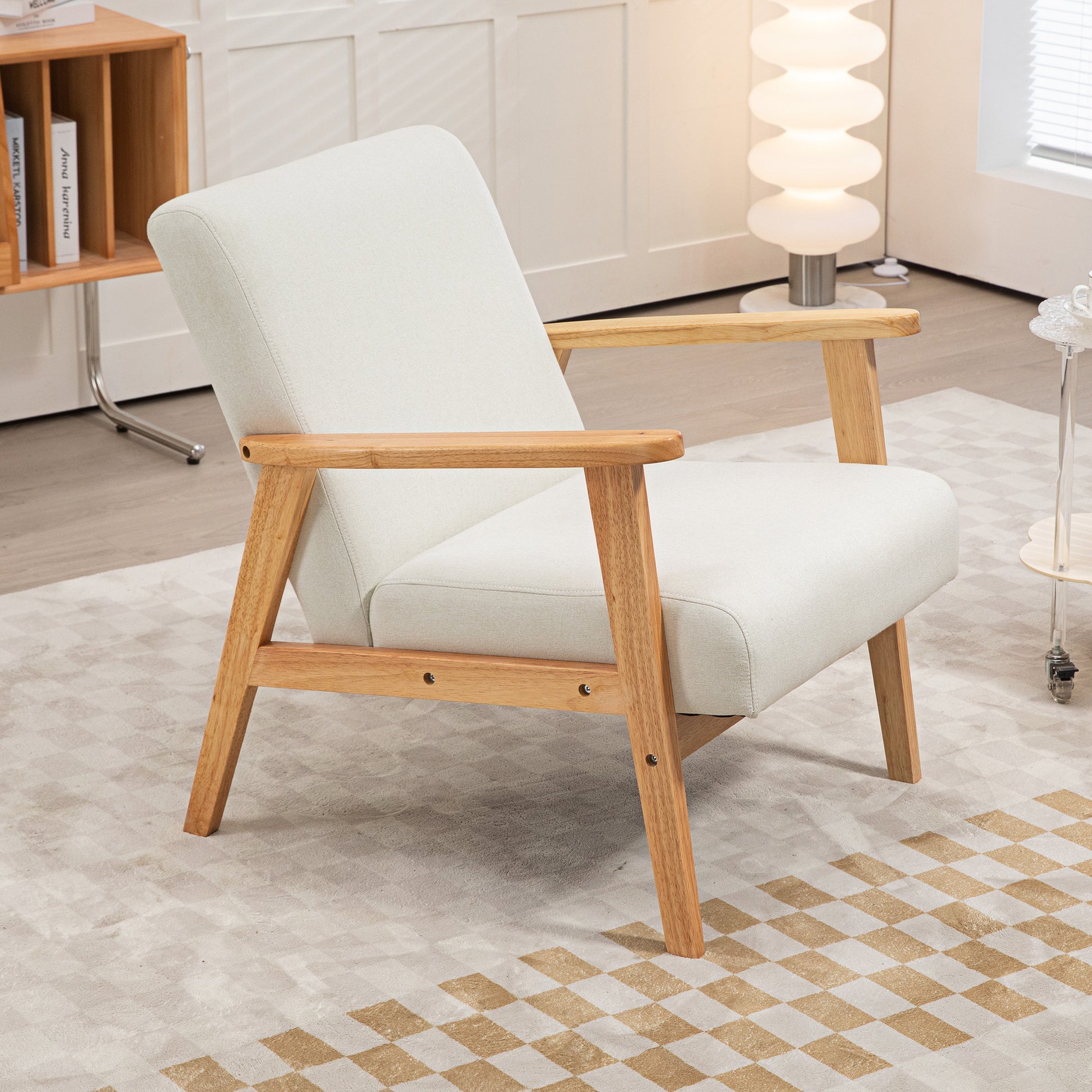 HOMCOM Fabric Accent Chair for Living Room, Arm Chair with Rubber Wood Frame and Padded Cushion in Cream White-5