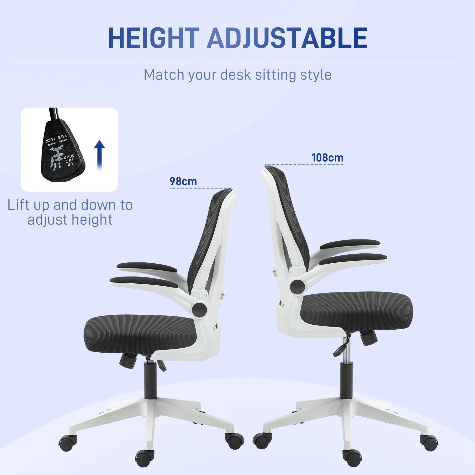 Mesh Office Chair with Flip-Up Armrests, Adjustable Height, Tilt, Ergonomic Desk Chair, Black & White | Vinsetto-2