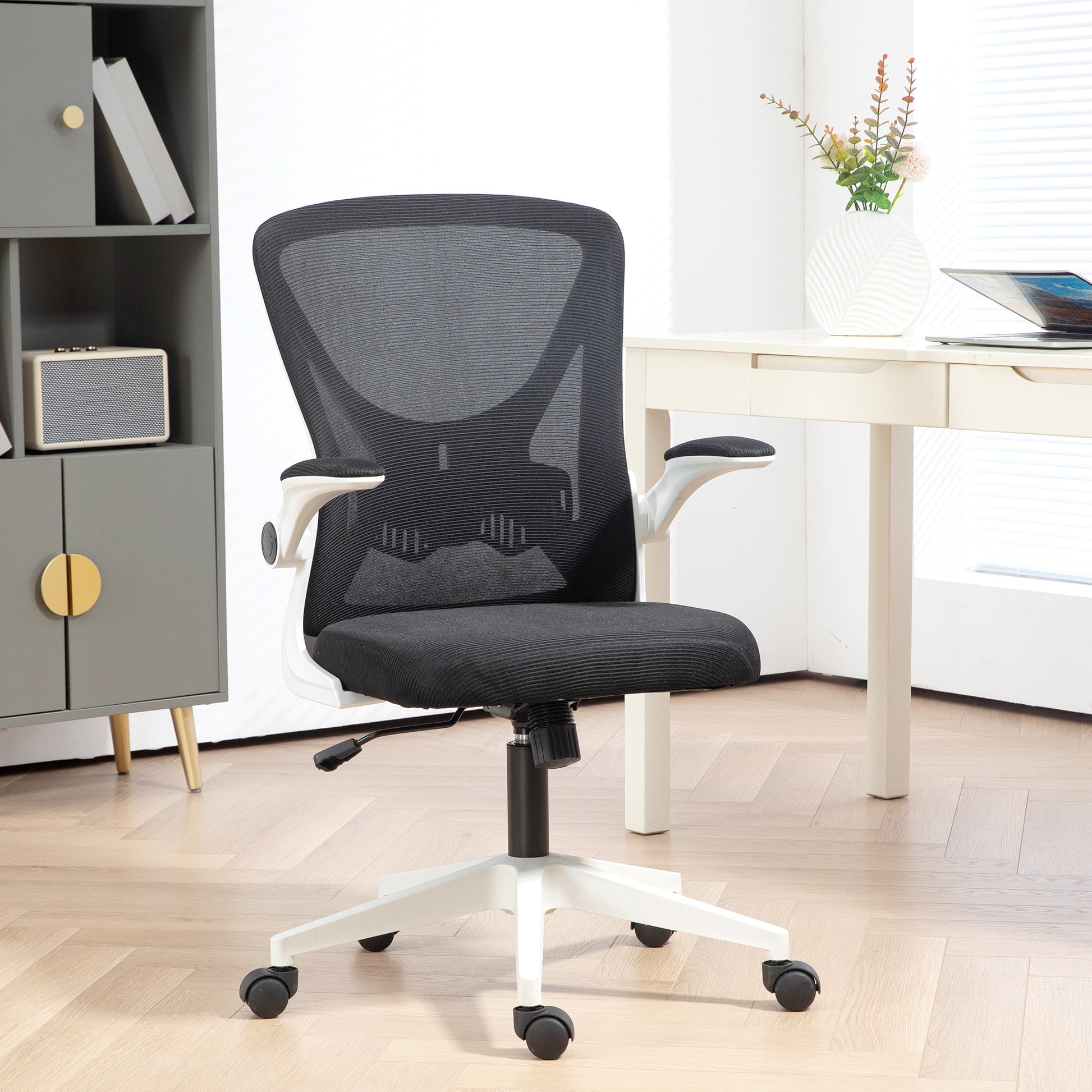 Mesh Office Chair with Flip-Up Armrests, Adjustable Height, Tilt, Ergonomic Desk Chair, Black & White | Vinsetto-8