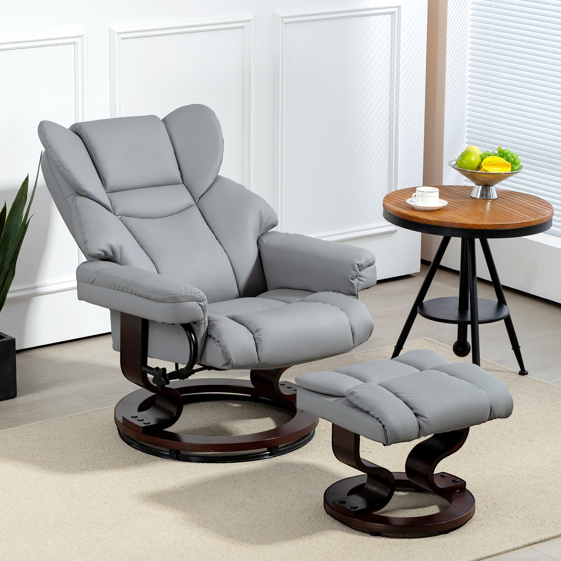 Faux Leather Recliner Chair and Footstool, Swivel Upholstered Armchair with Adjustable Backrest, Wood Base in Light Grey by HOMCOM-8