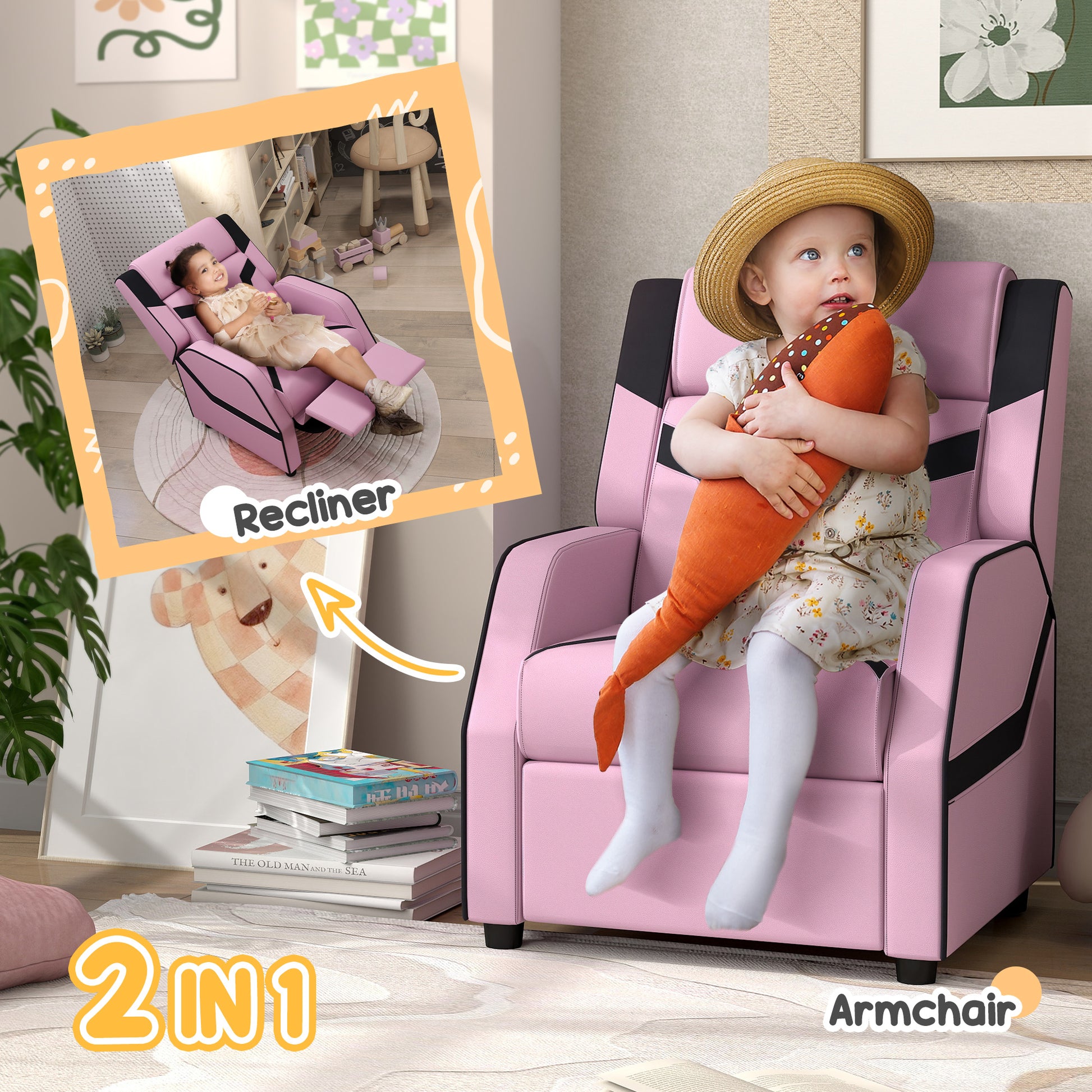 Pink Kids Reclining Chair with Backrest, Armrest, Footrest, PU Leather, for 3-9 Years Old by AIYAPLAY-2