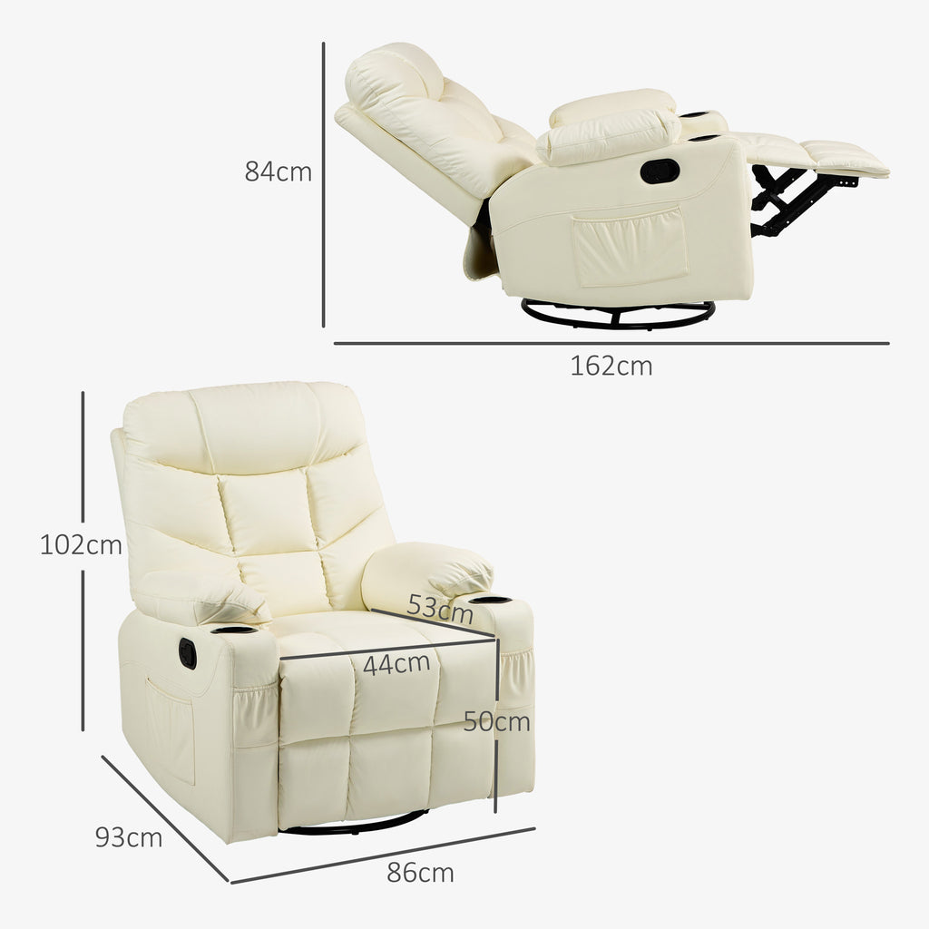 Manual Reclining Chair, Recliner Armchair with Swivel, Faux Leather, Footrest, Cup Holders, 86x93x102cm, Cream | HOMCOM-1