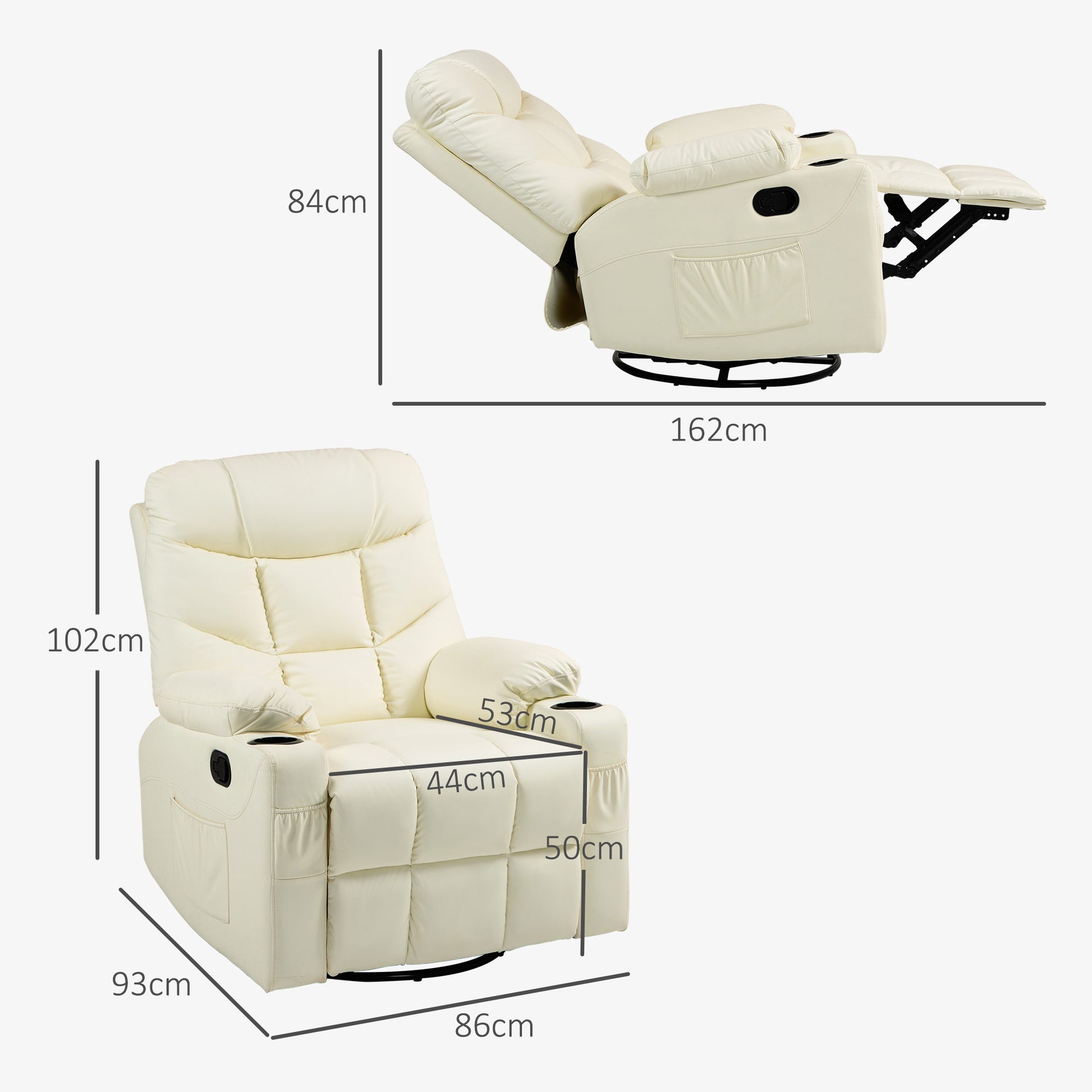 Manual Reclining Chair, Recliner Armchair with Swivel, Faux Leather, Footrest, Cup Holders, 86x93x102cm, Cream | HOMCOM-1