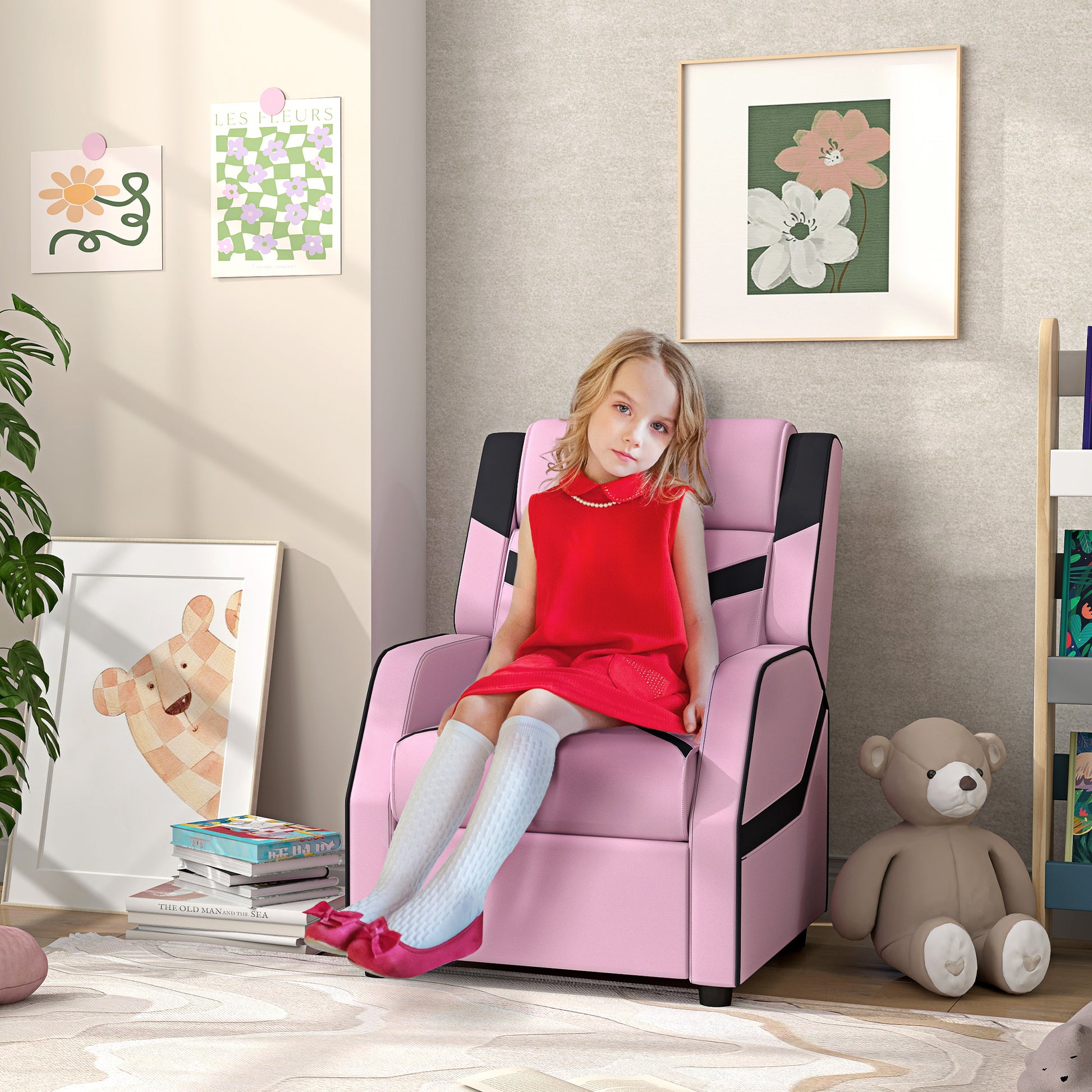 Pink Kids Reclining Chair with Backrest, Armrest, Footrest, PU Leather, for 3-9 Years Old by AIYAPLAY-8