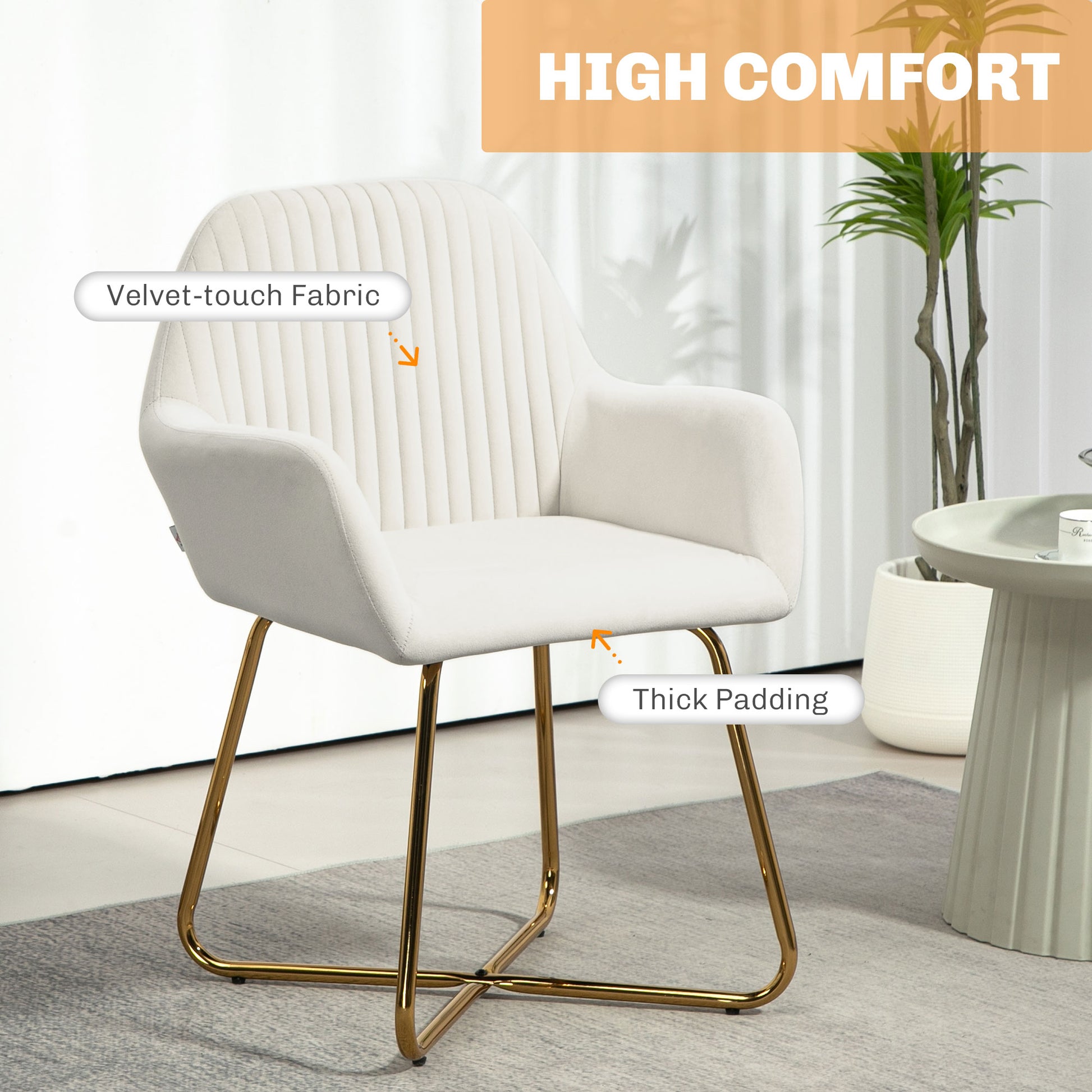 HOMCOM Modern Arm Chair Upholstered Accent Chair with Metal Base for Living Room Cream in White-3