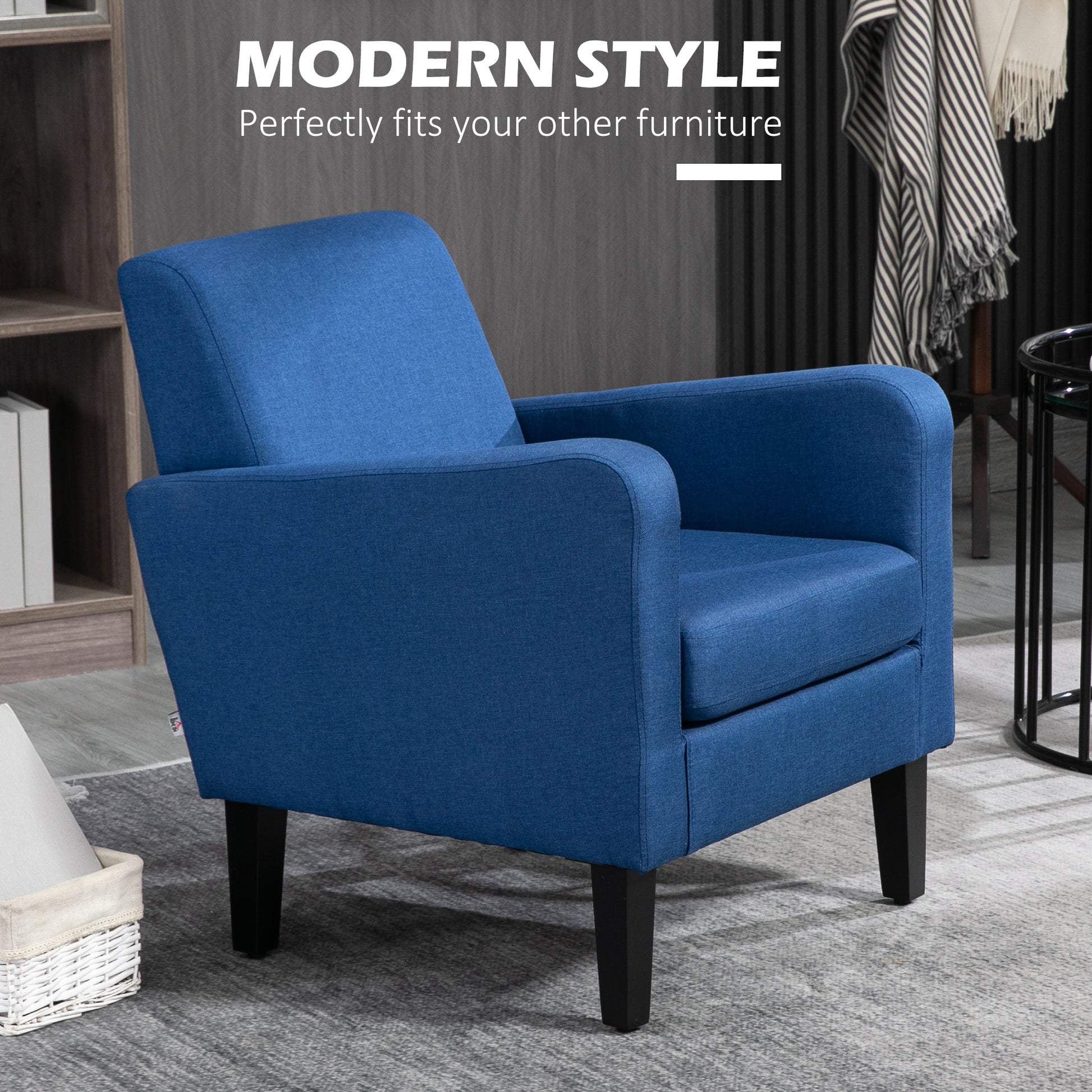 2 Pieces Modern Armchairs with Rubber Wood Legs, Upholstered Accent Chairs, Single Sofa for Living Room, Bedroom, Blue by HOMCOM-2