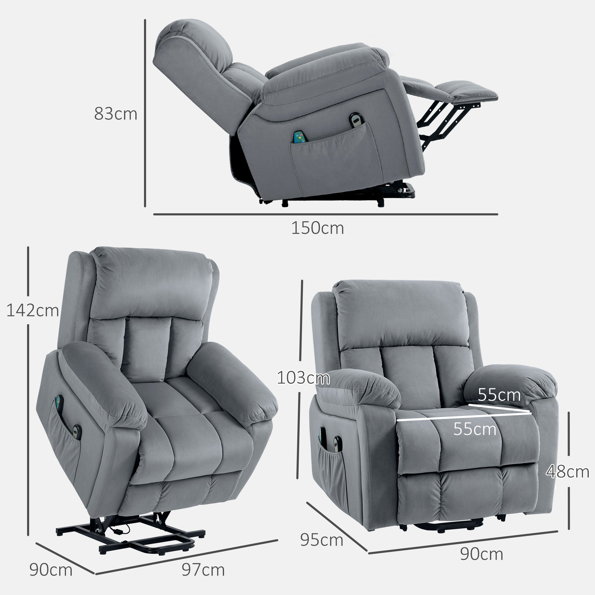 Power Lift Riser and Recliner Chair with Vibration Massage, Heat, Side Pocket, Grey by HOMCOM-1