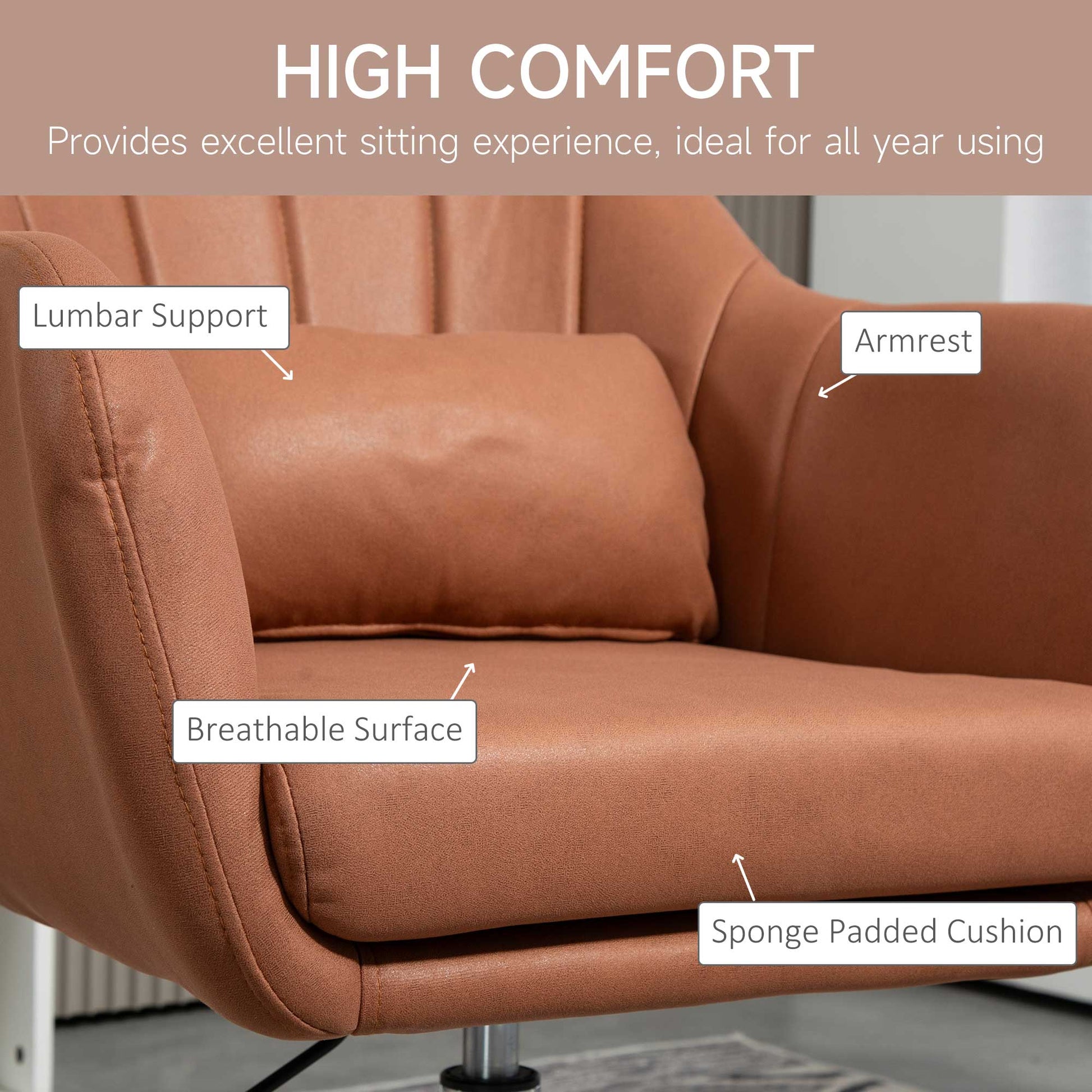 Swivel Accent Chair for Living Room Contemporary Vanity Armchair with Adjustable Height Thick Cushion Lumbar Support Armrest for Bedroom Office Brown by HOMCOM-4