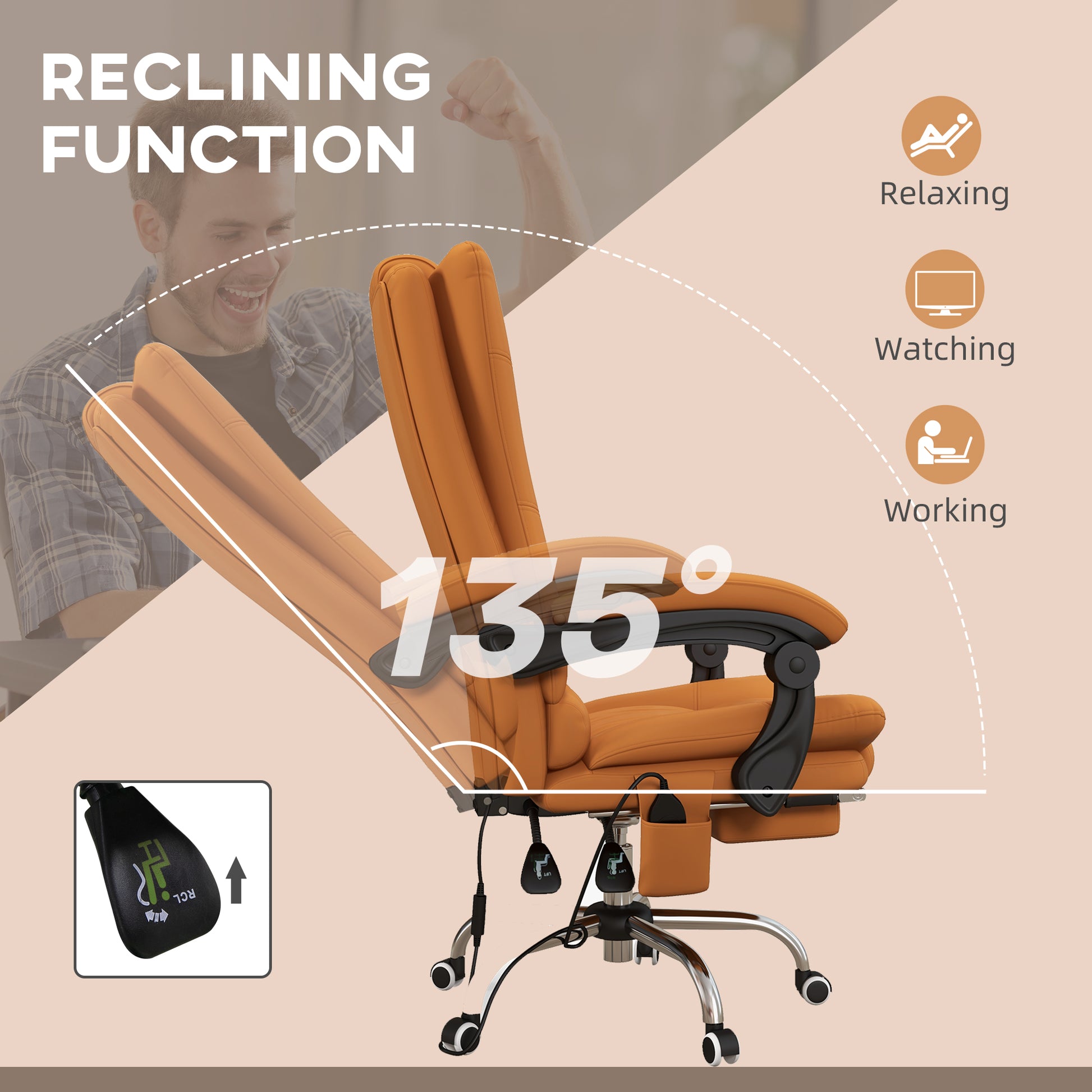 Light Brown Vibration Massage Office Chair with Heat, PU Leather Computer Chair with Footrest, Armrest, Reclining Back by Vinsetto-4