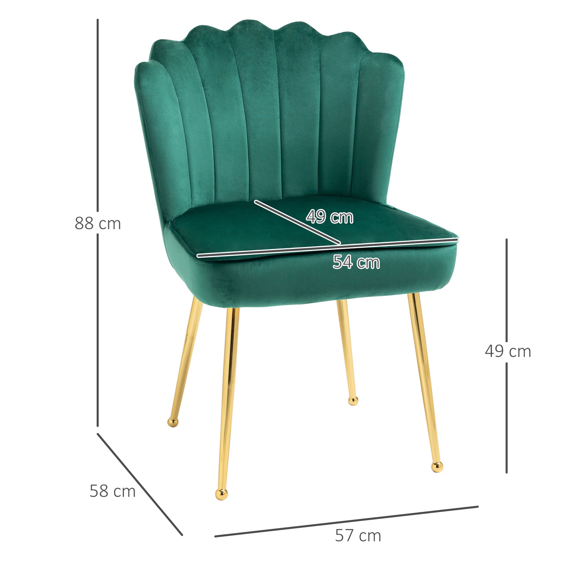 Glam Velvet-Feel Shell Accent Chair, Luxe Vanity Makeup Seat, Metal Legs, Comfort Padding in Green | HOMCOM-1