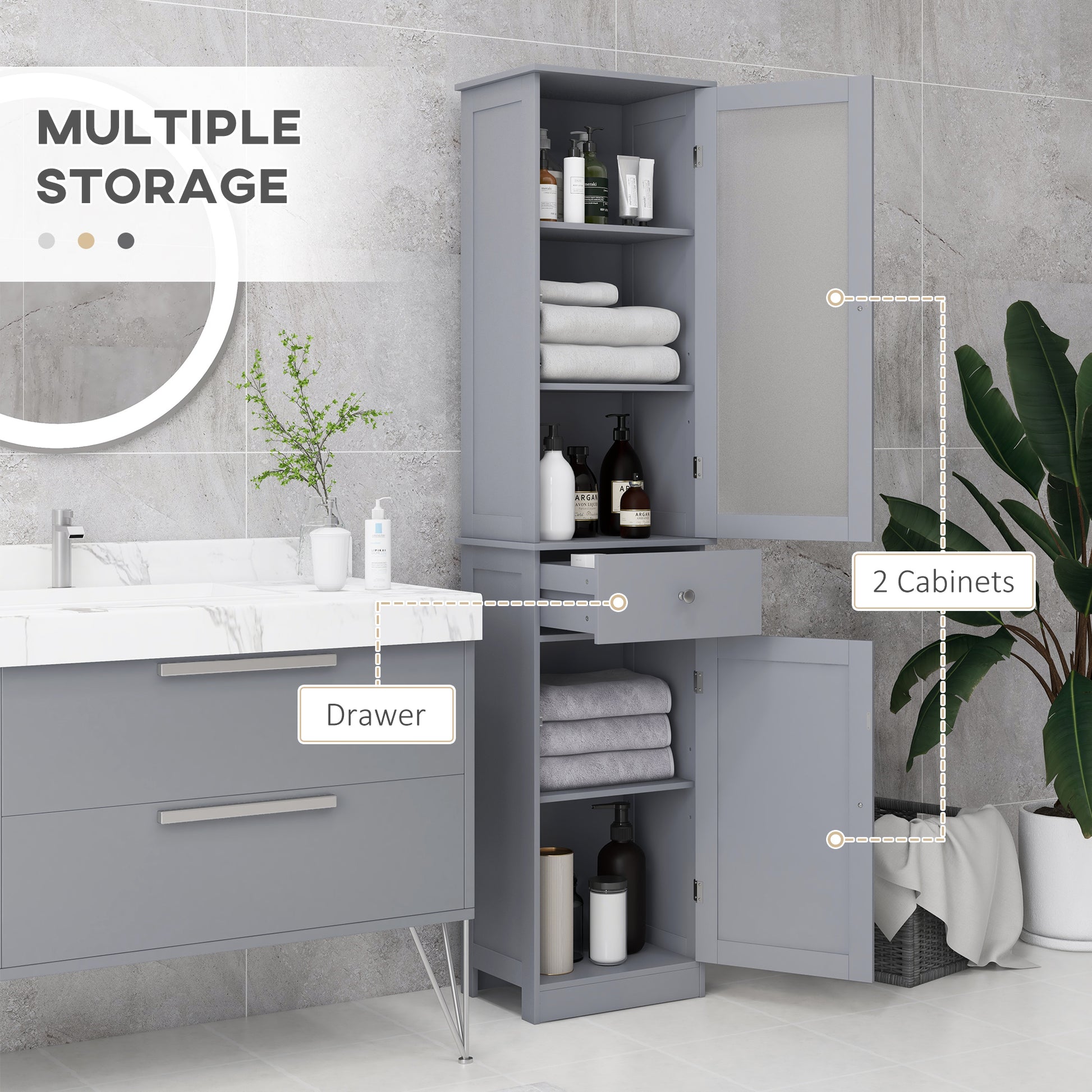 kleankin Bathroom Storage Cabinet with 3-tier Shelf Drawer Door, Floor Cabinet Free Standing Tall Slim Side Organizer Shelves in Grey