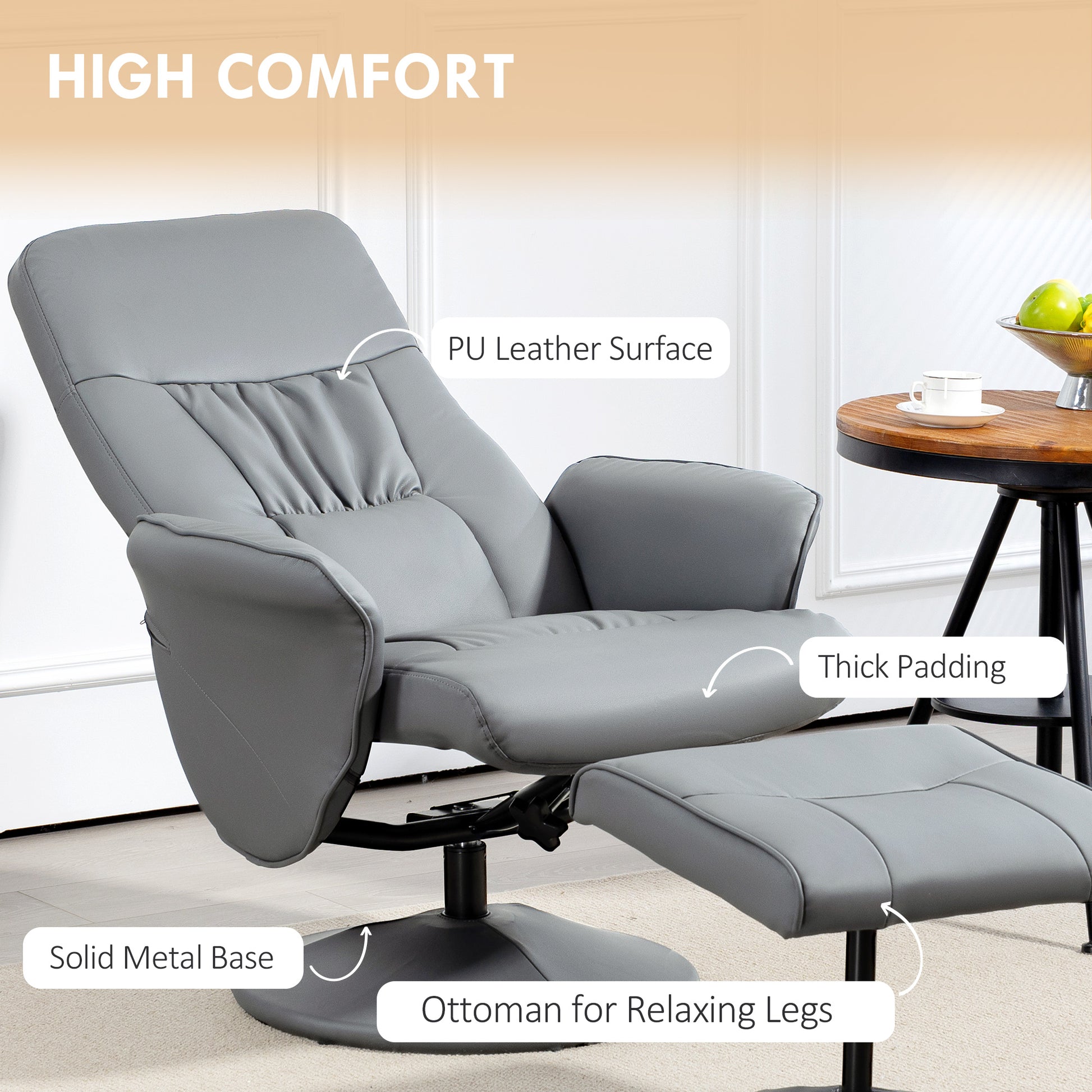 Swivel Recliner Chair with Footstool, HOMCOM PU Leather Armchair and Ottoman with High Back and Round Base for Living Room in Light Grey-4