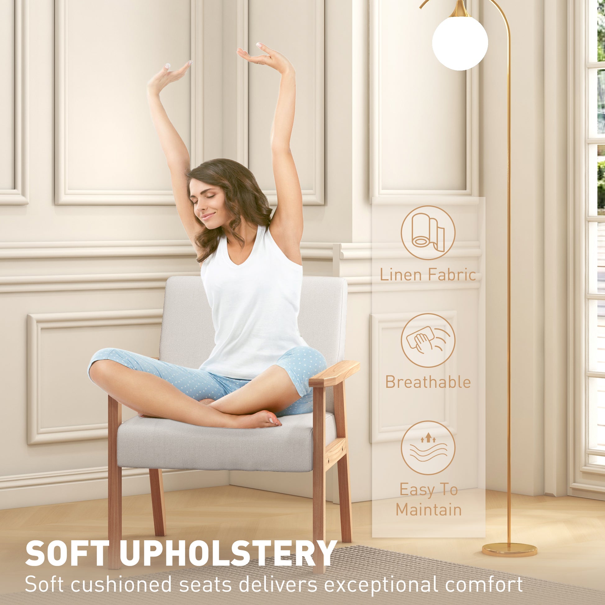 Accent Occasional Chair with Wood Frame, Thick Linen Cushions Wide Seat Armchair Home Furniture Bedroom Office, Cream White by HOMCOM-3