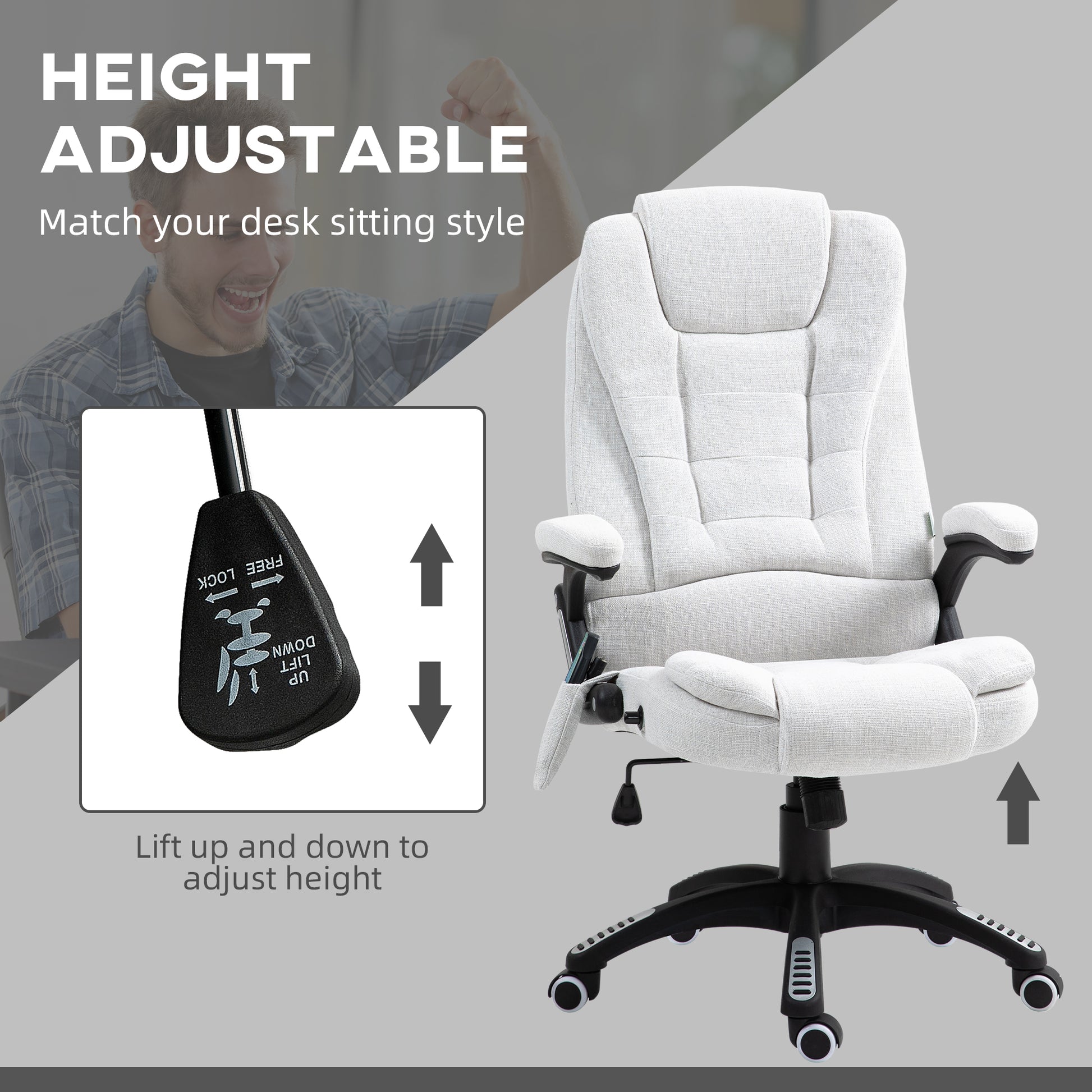 Vinsetto Massage Office Chair with 6 Heated Vibration Points, Executive Office Chair with Linen-Feel Fabric 360°, Swivel Wheels in Cream White-3