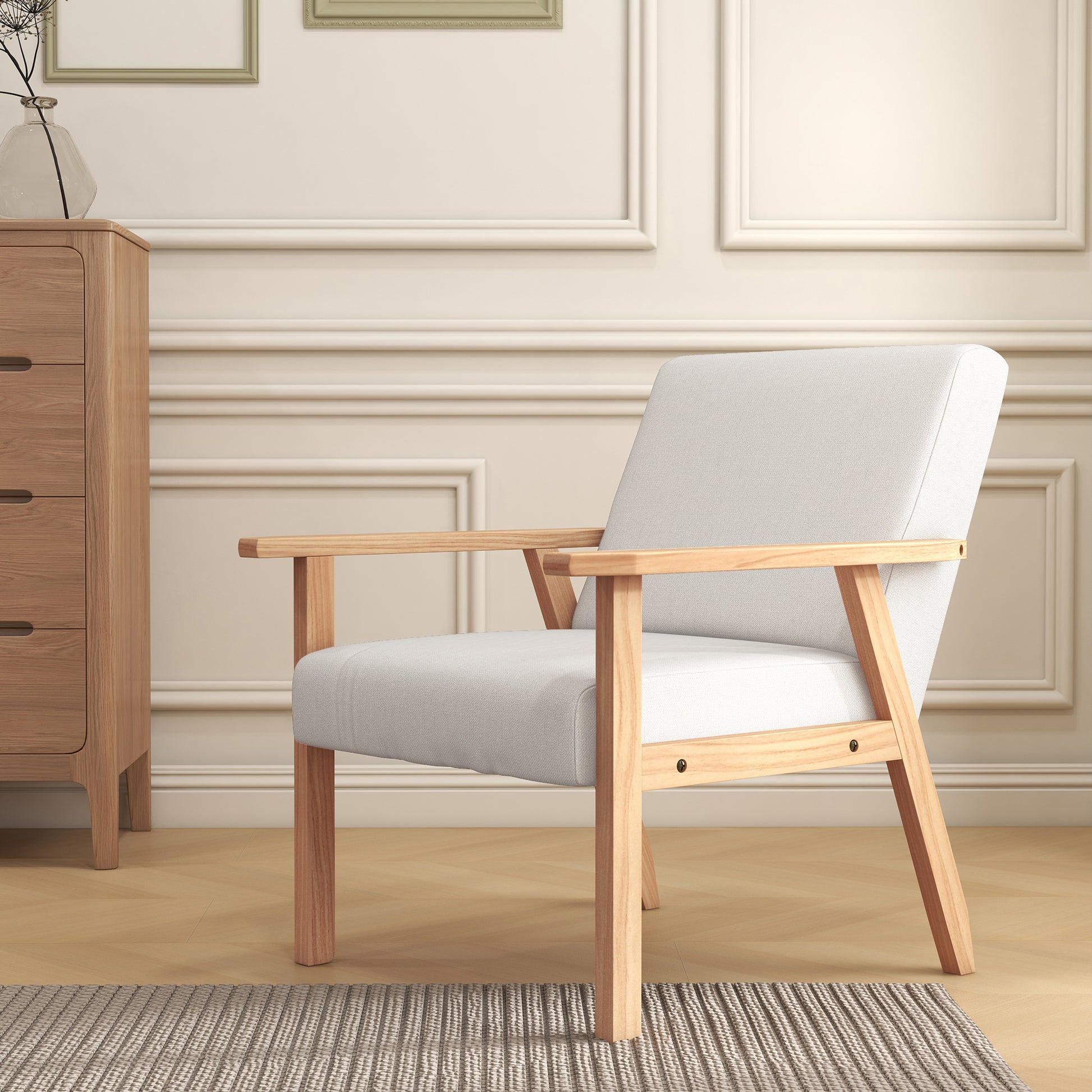 Accent Occasional Chair with Wood Frame, Thick Linen Cushions Wide Seat Armchair Home Furniture Bedroom Office, Cream White by HOMCOM-7