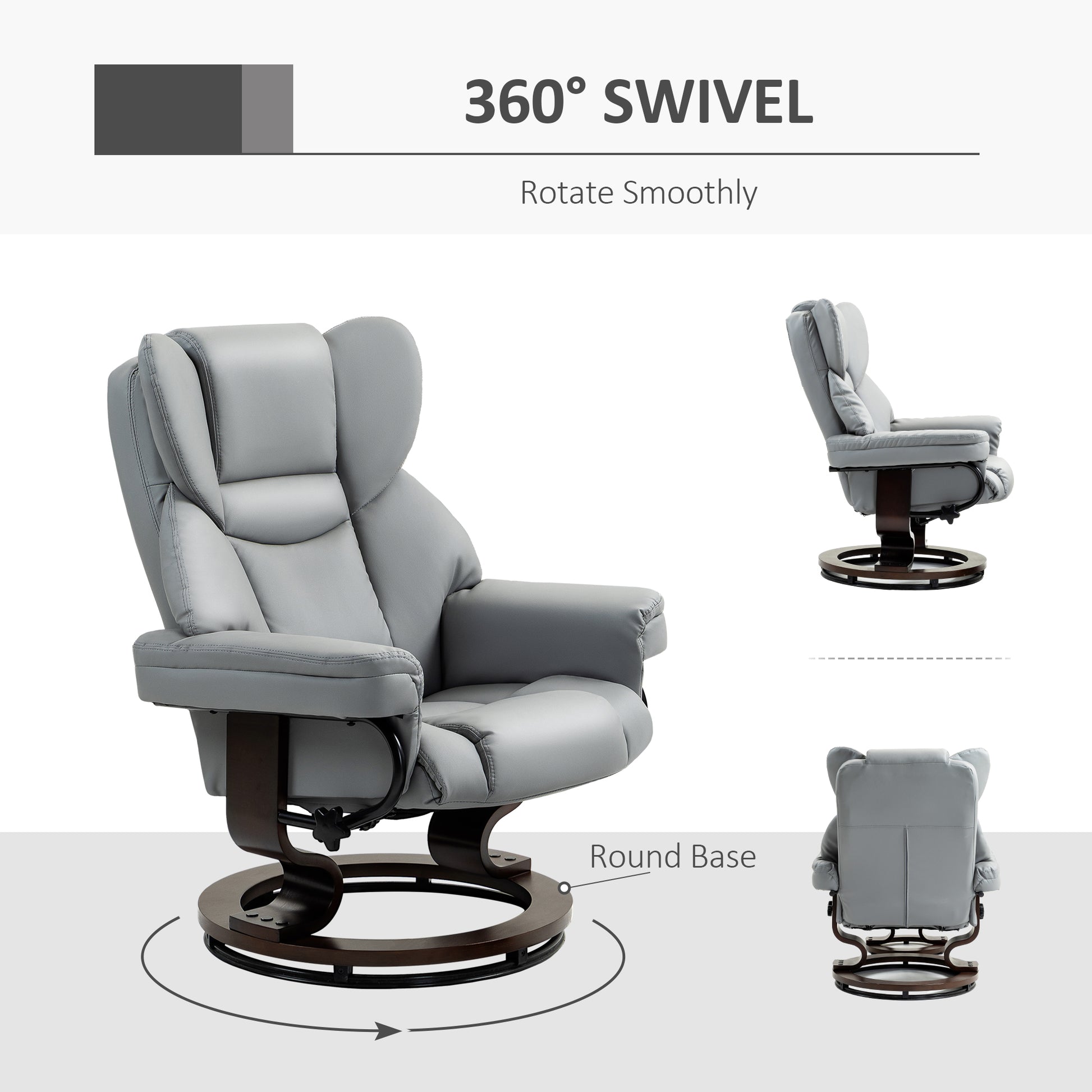 Faux Leather Recliner Chair and Footstool, Swivel Upholstered Armchair with Adjustable Backrest, Wood Base in Light Grey by HOMCOM-4