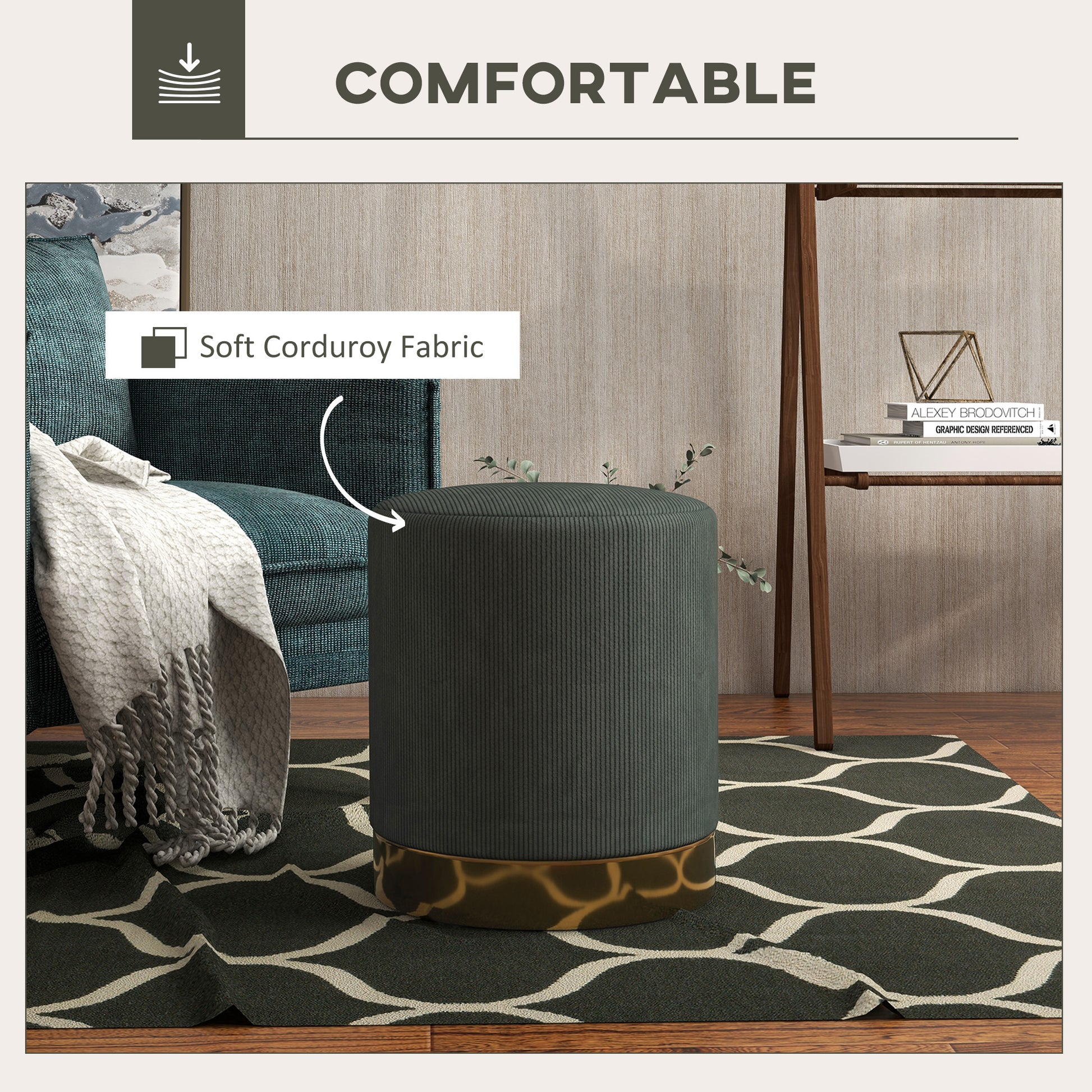 HOMCOM Soft Padded Corduroy Footstool in Dark Green-2
