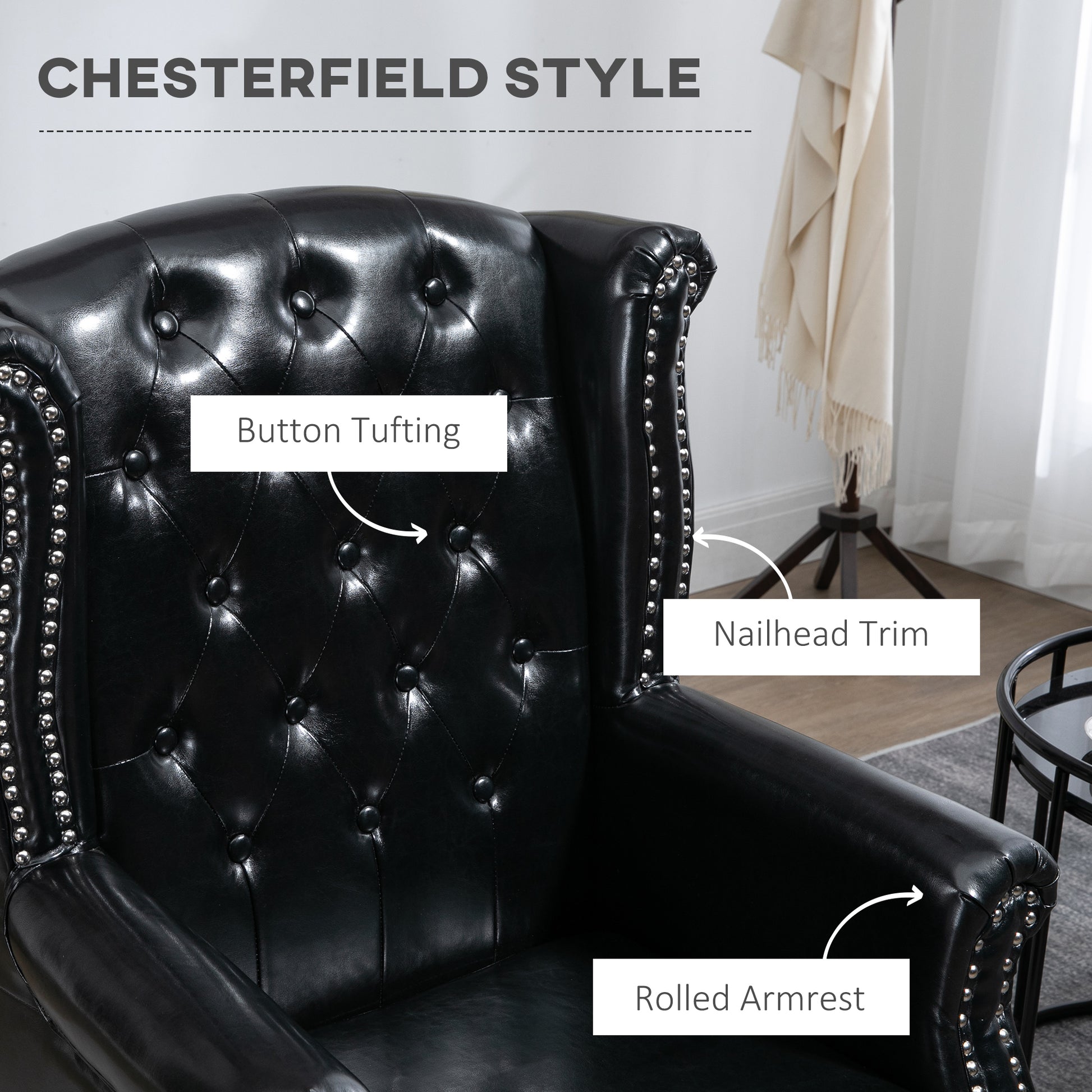 Chesterfield-style Wingback Accent Chair, Single Sofa Tufted Armchair with Nail Head Trim for Living Room Bedroom in Black | HOMCOM-3