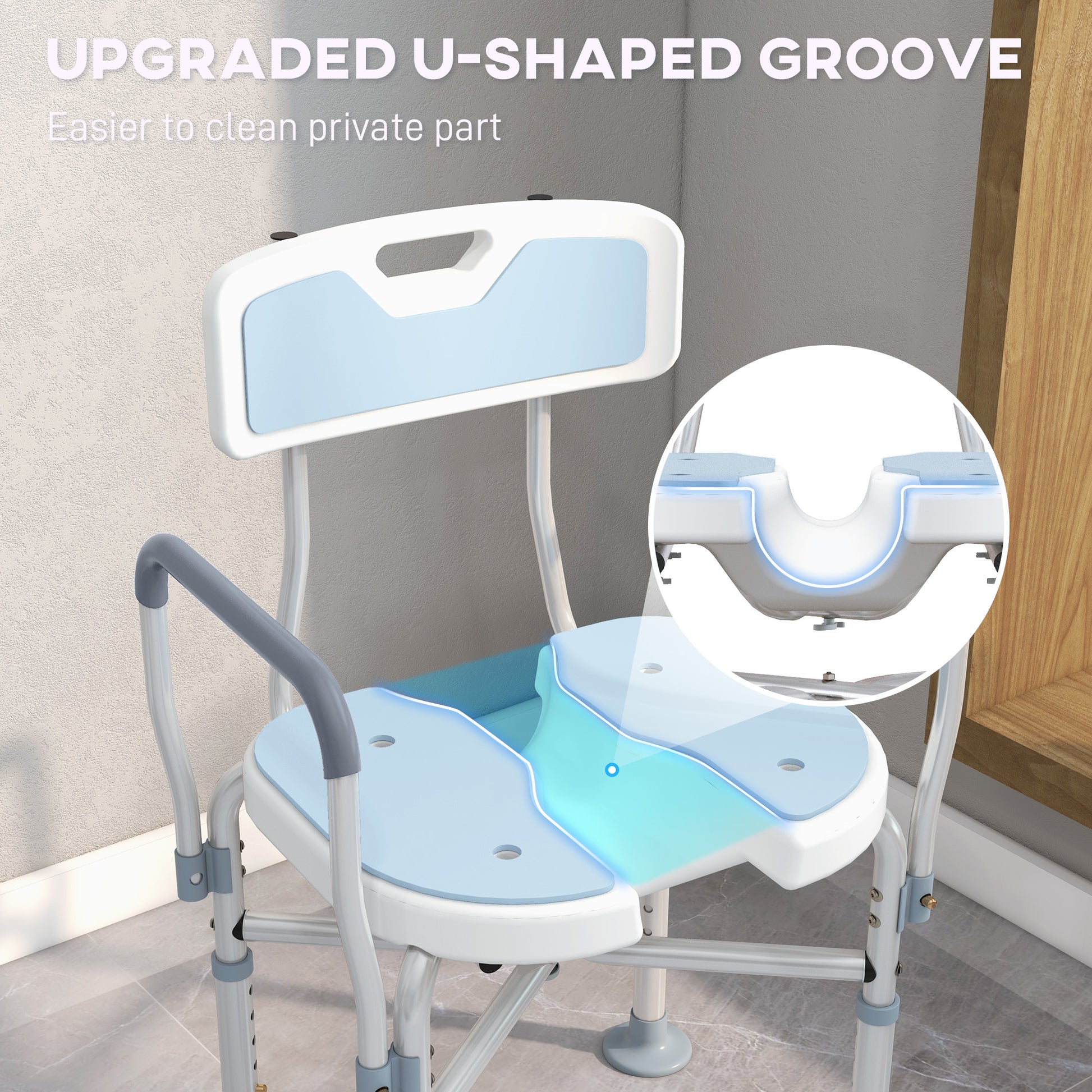 HOMCOM Shower Chair with Upgraded U-shaped Seat and Reinforced Crossbars, Height Adjustable Padded Bath Chair with Non-slip Feet for Elderly in Light Blue-2