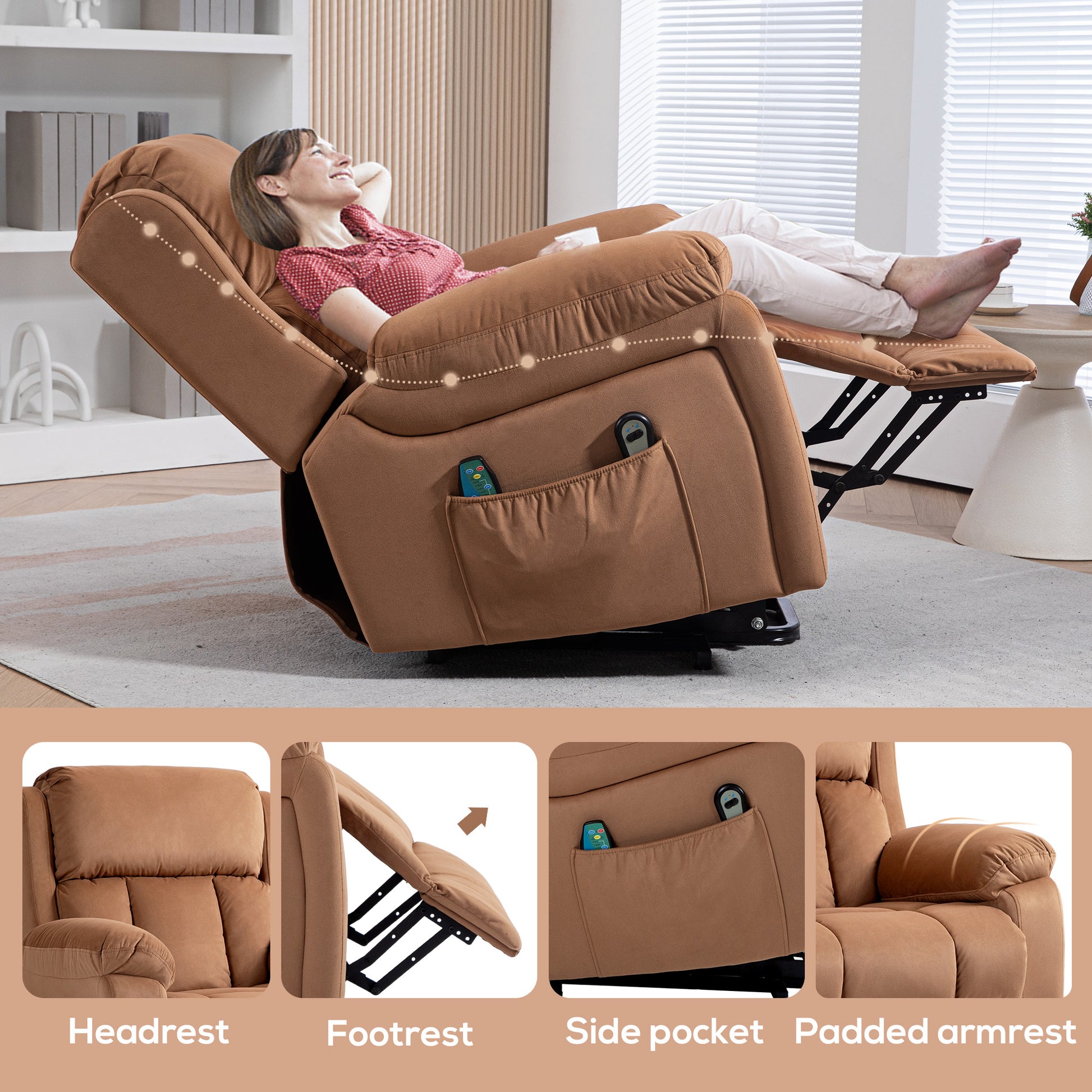 Power Lift Riser and Recliner Chair with Vibration Massage, Heat, Side Pocket in Brown by HOMCOM-7