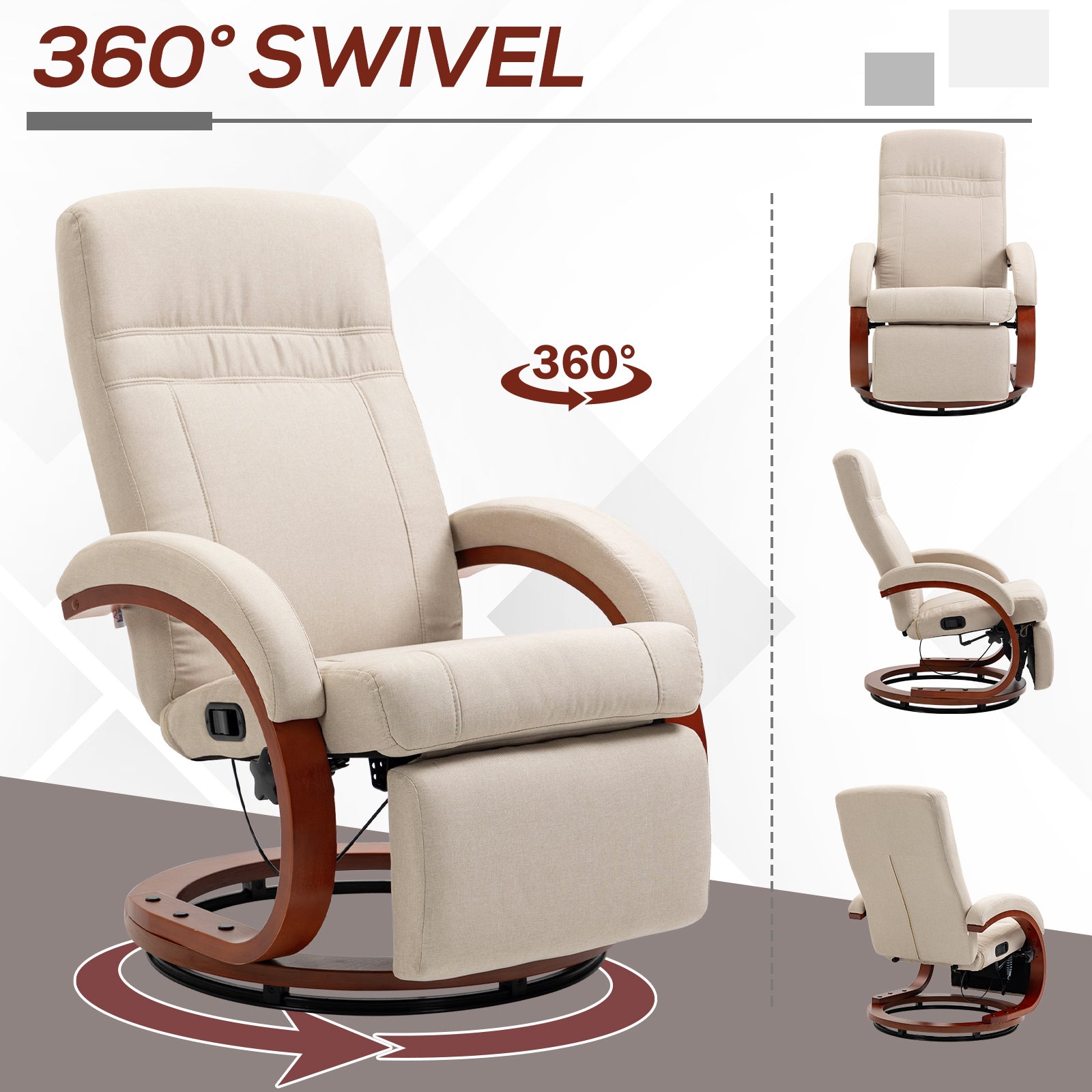 Swivel Recliner Chair with Extended Footrest, Manual Reclining Armchair with Wood Base for Living Room, Bedroom, Beige | HOMCOM-4