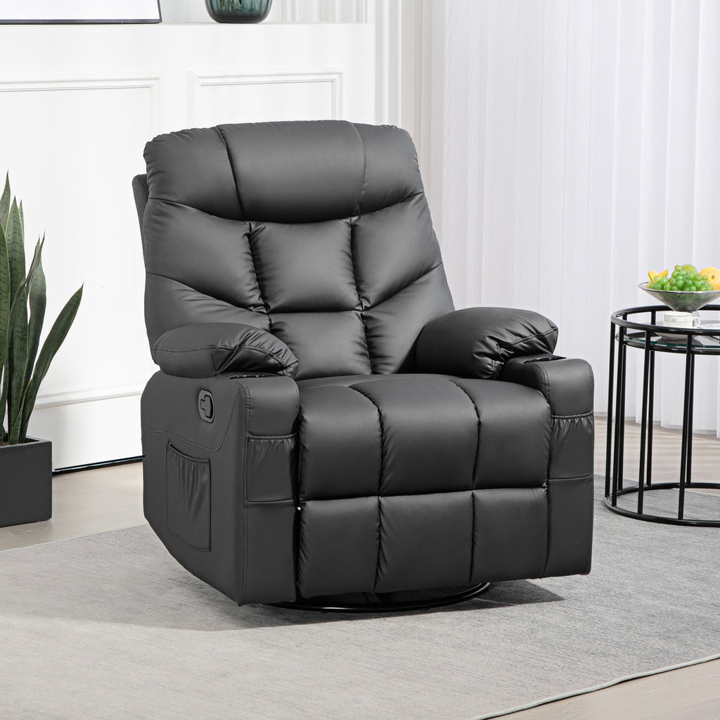 HOMCOM Manual Reclining Chair, Recliner Armchair with Swivel, Faux Leather, Footrest, Cup Holders, 86x93x102cm in Black-8