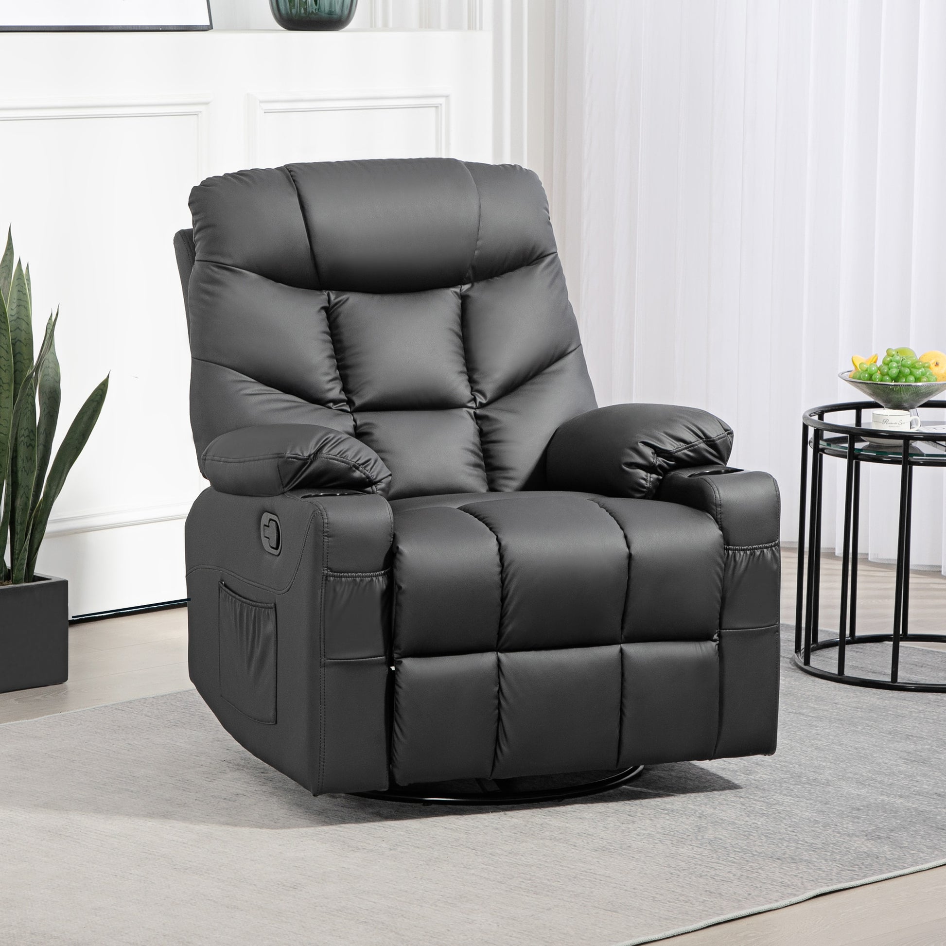 HOMCOM Manual Reclining Chair, Recliner Armchair with Swivel, Faux Leather, Footrest, Cup Holders, 86x93x102cm in Black-8