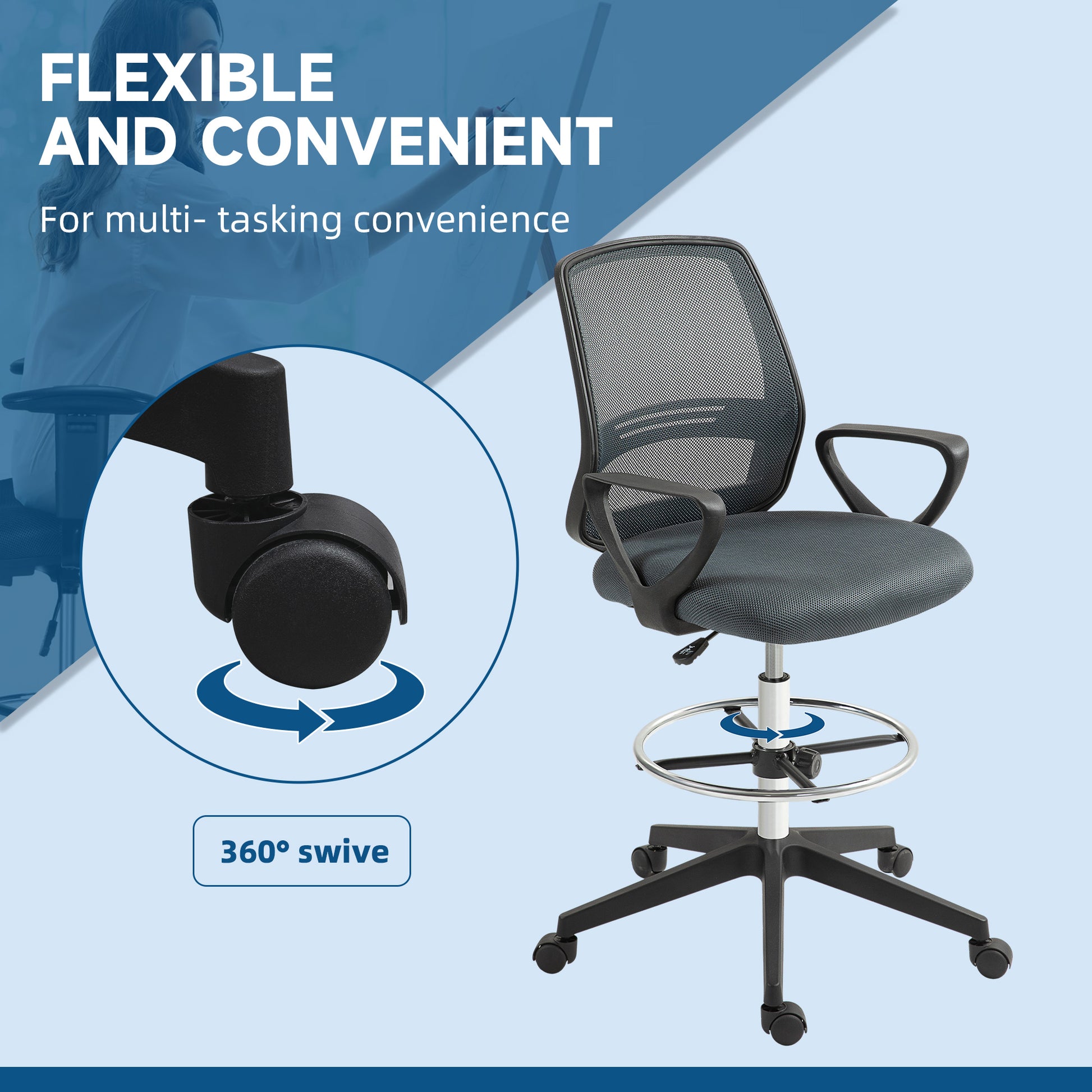 Vinsetto Ergonomic Mesh Back Drafting Chair Draughtsman Chair with Adjustable Height in Grey-5