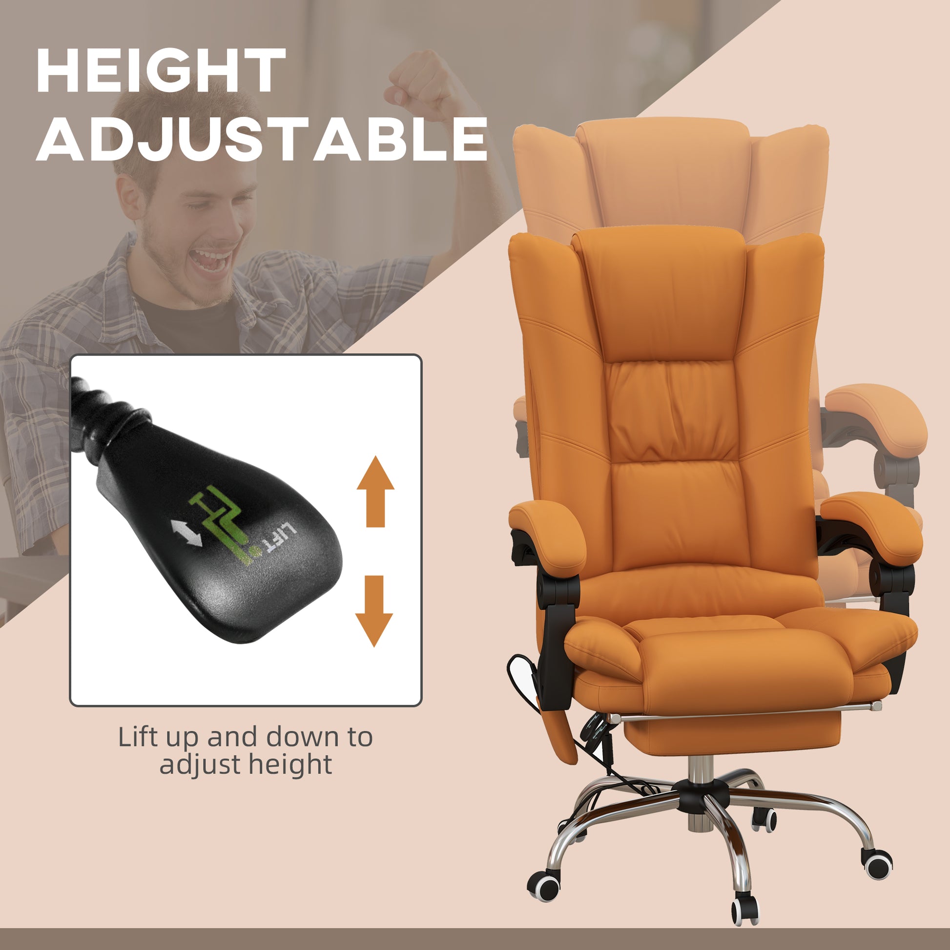 Light Brown Vibration Massage Office Chair with Heat, PU Leather Computer Chair with Footrest, Armrest, Reclining Back by Vinsetto-5
