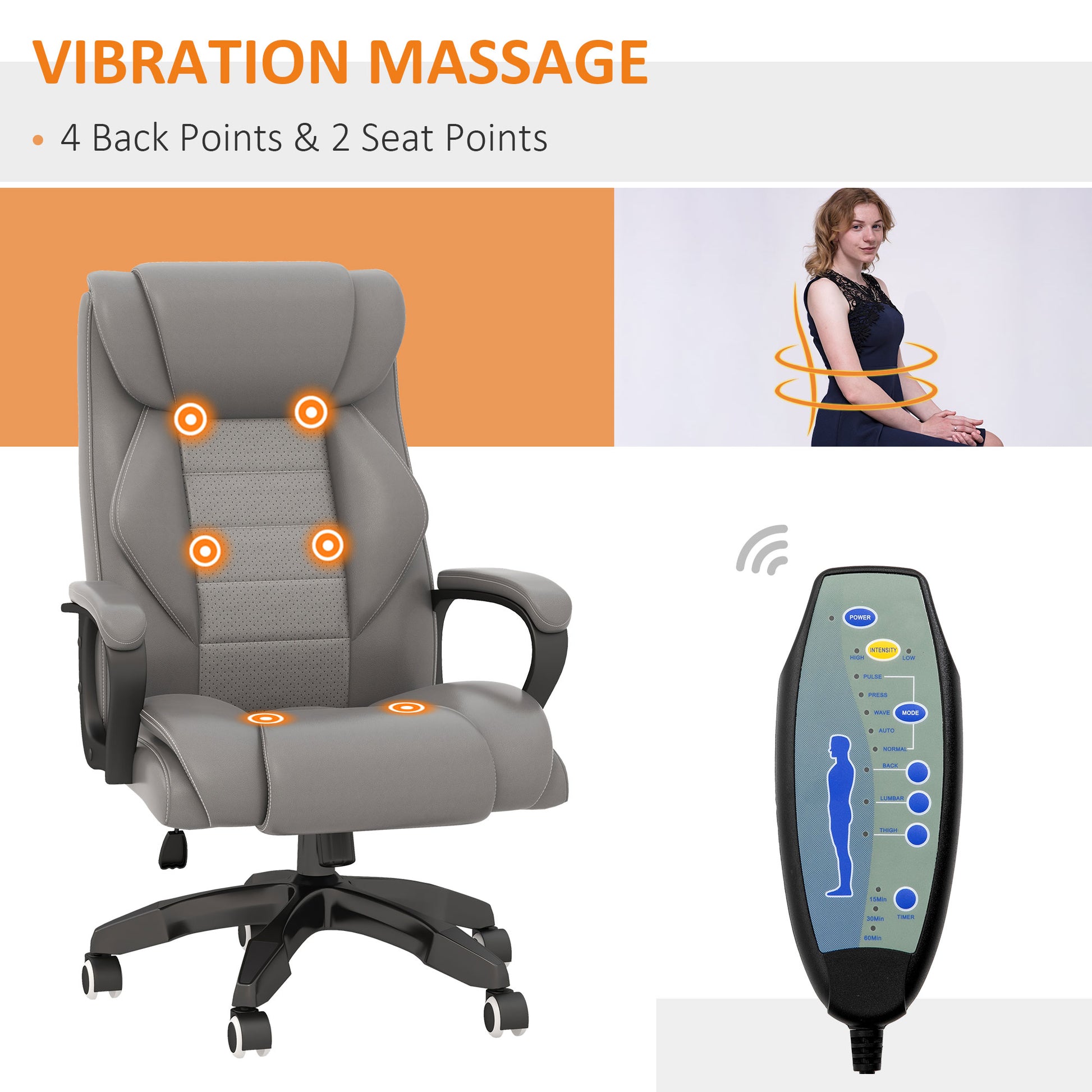 Executive Office Chair with 6-Point Massage, High Back Swivel Seat with Extra Padding, Ergonomic Tilt, Grey | Vinsetto-3