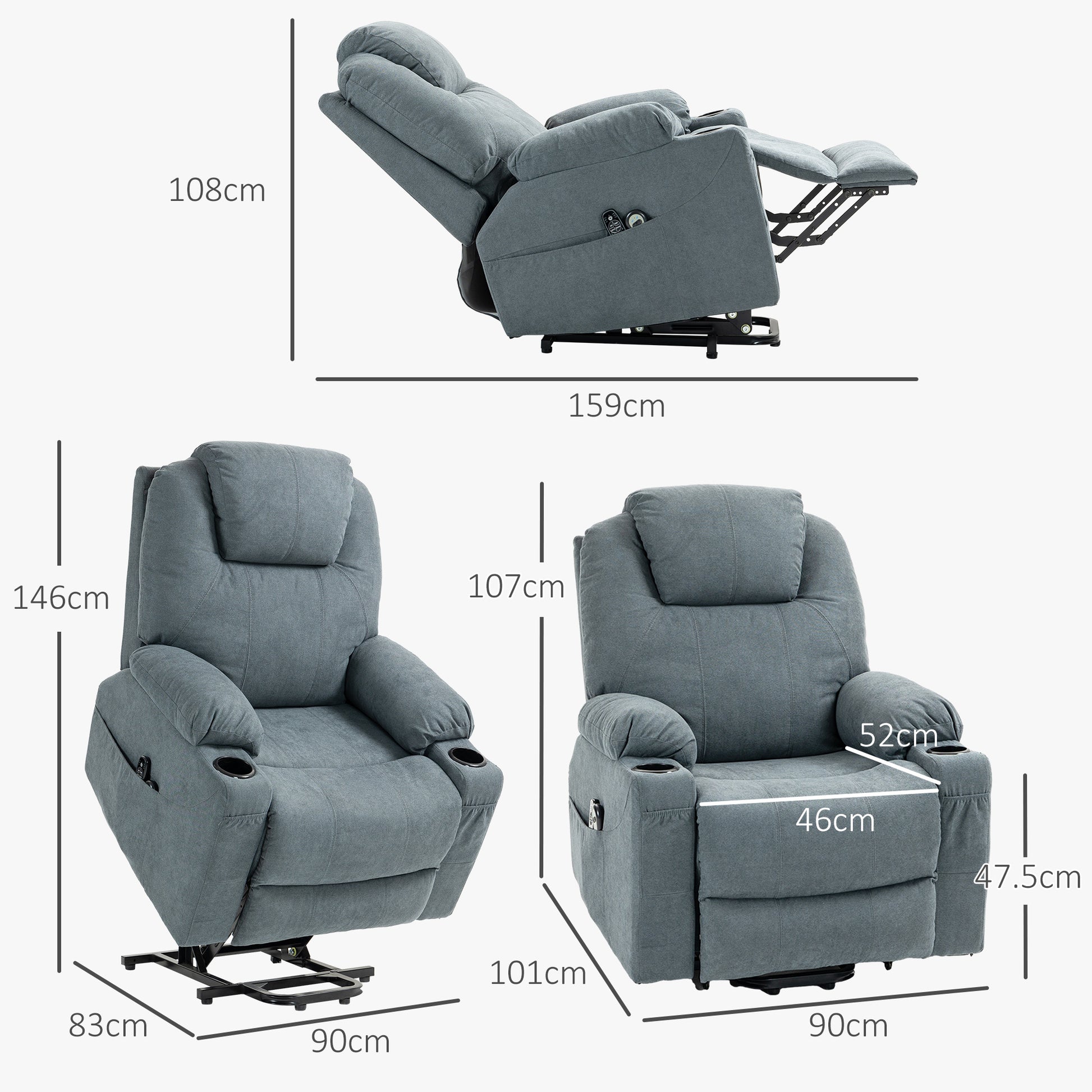 HOMCOM Charcoal Grey Lift Chair, Quick Assembly, Riser and Recliner Chair with Vibration Massage, Heat, Cup Holders-1