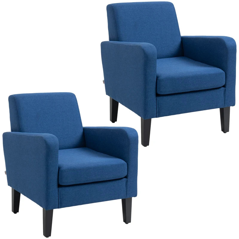 2 Pieces Modern Armchairs with Rubber Wood Legs, Upholstered Accent Chairs, Single Sofa for Living Room, Bedroom, Blue by HOMCOM-0
