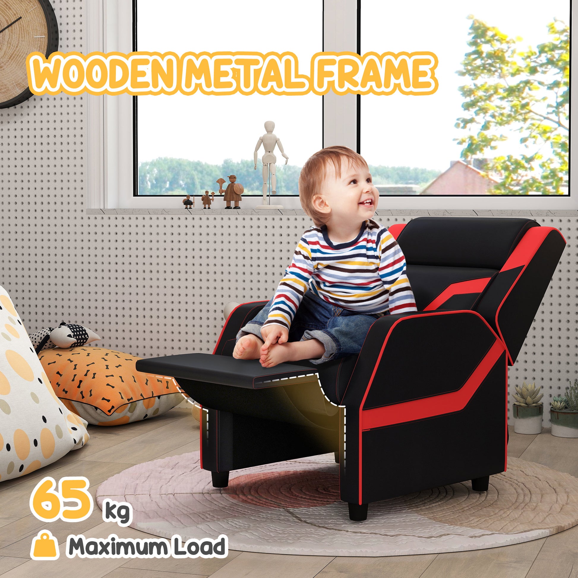 2 in 1 Black Kids Chair Recliner with Backrest, Armrest, Footrest, PU Leather for 3-9 Years Old by AIYAPLAY-4