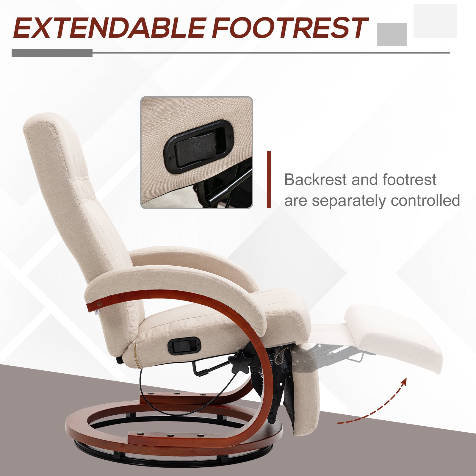 Swivel Recliner Chair with Extended Footrest, Manual Reclining Armchair with Wood Base for Living Room, Bedroom, Beige | HOMCOM-3