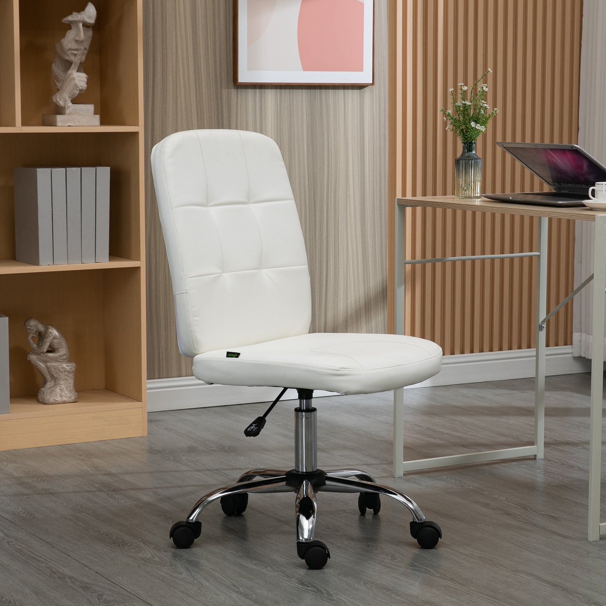 Computer Office Desk Chair, Faux Leather Desk Chair with Adjustable Height, Armless, White | Vinsetto-8
