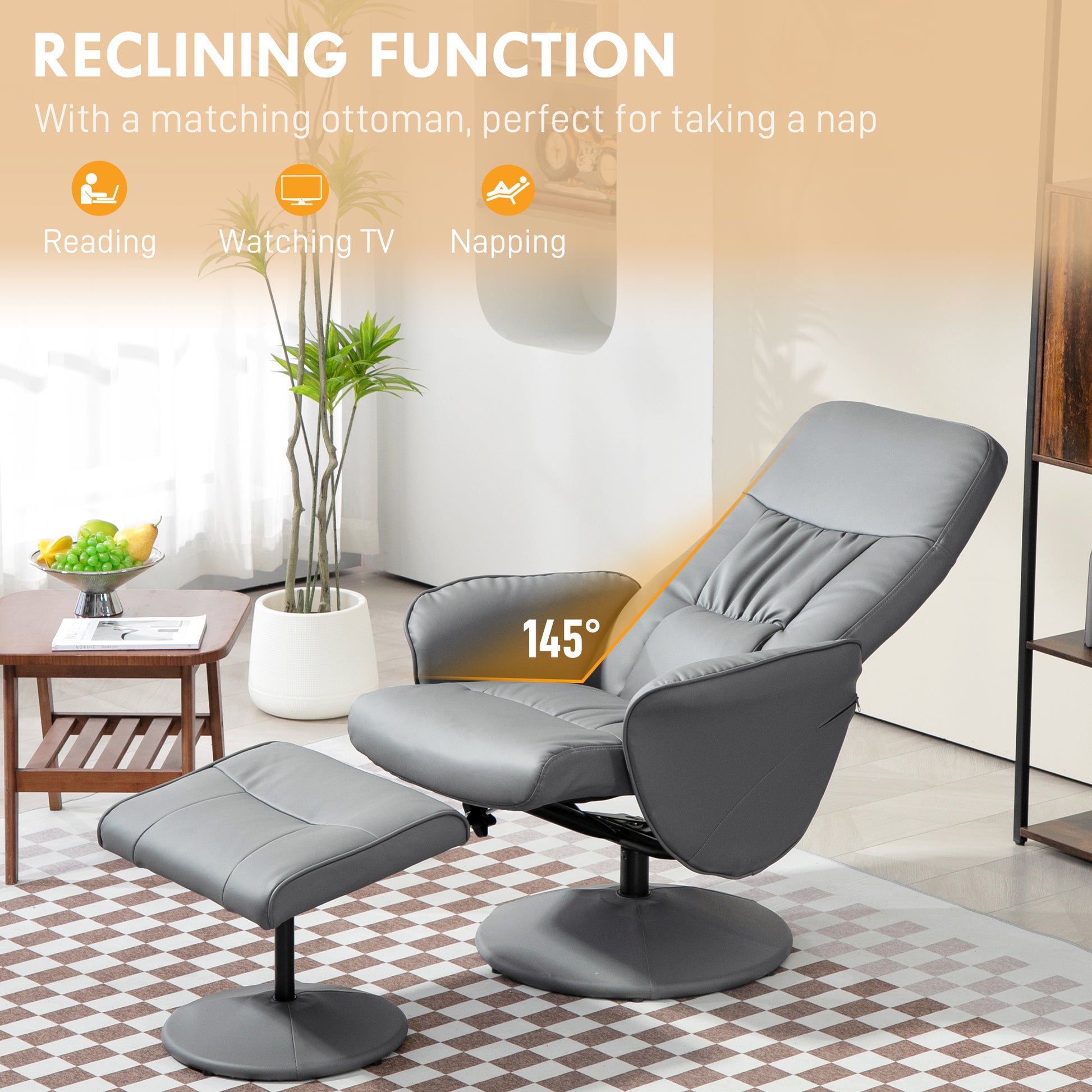 Swivel Recliner Chair with Footstool, HOMCOM PU Leather Armchair and Ottoman with High Back and Round Base for Living Room in Light Grey-2