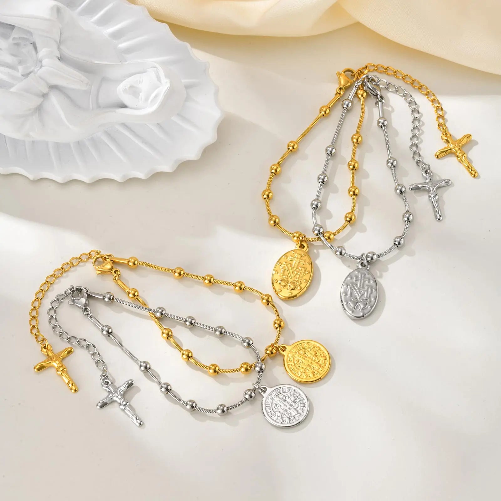 Holy Rosary Cross Virgin Mary Charm Bracelet for Women, Double Sides Religious Prayer Beaded Bracelet, Stainless Steel Jewelry